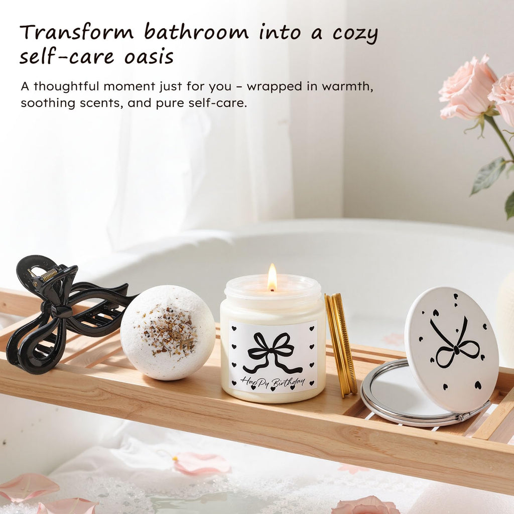 Elegant Birthday Gifts for Women, Black Bow Unique Birthday Relaxing Gifts Box with Scented Candles, Greeting Card & Home-Spa Relaxation, Birthdays Presents for Her, Best Friend, Sister, Wife