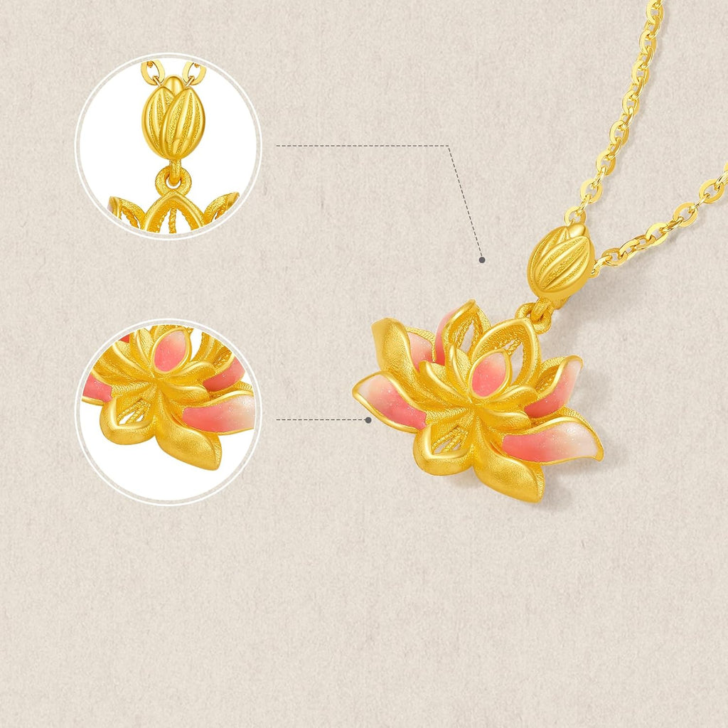 ZHOU LIU FU 24K Solid Gold Lotus Flower Pendant Real Gold Pink Enamel Floral Pendants Jewelry Wedding Birthday Gifts for Women Mom Wife Birthday Anniversary (Not Included Neccklace) A0414636