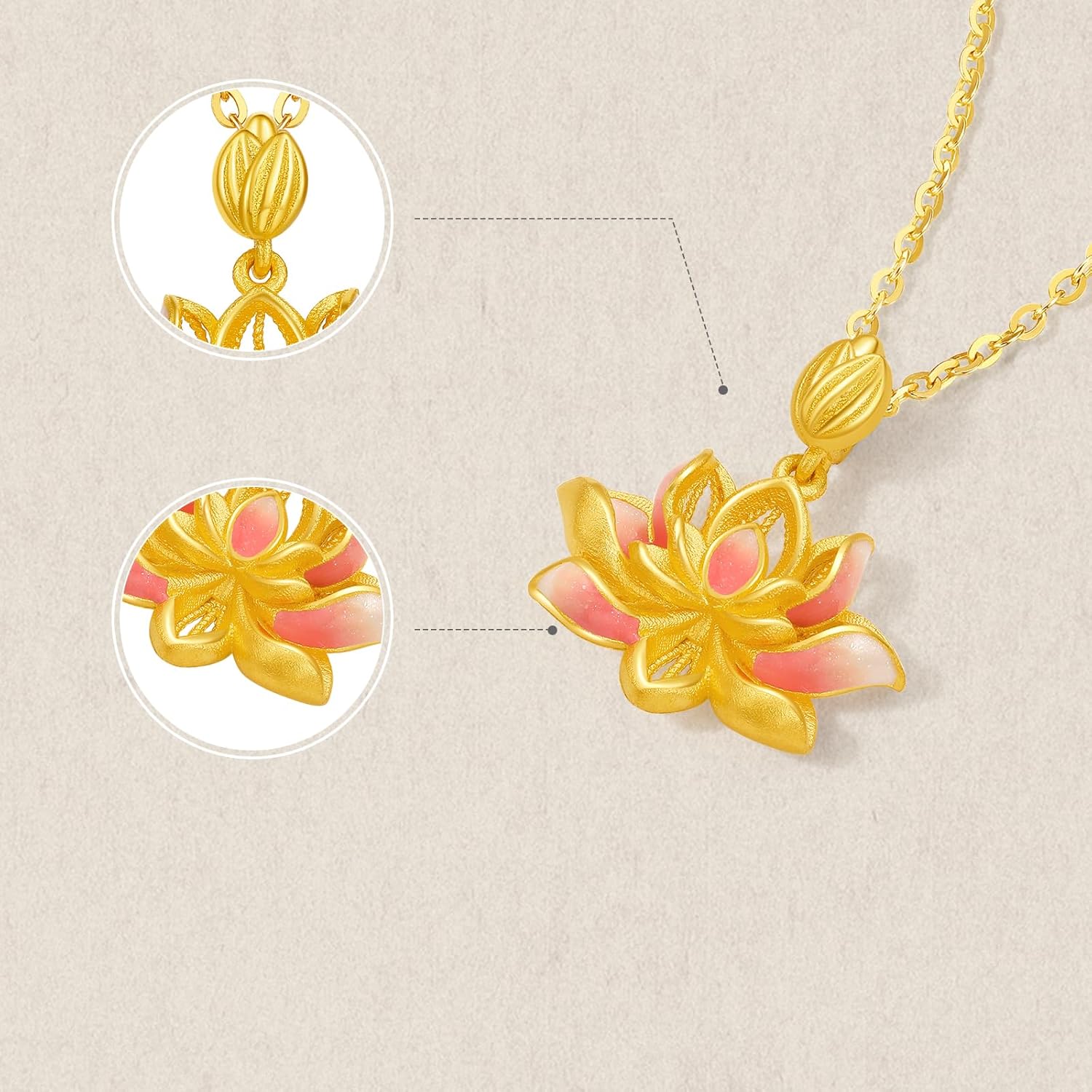 ZHOU LIU FU 24K Solid Gold Lotus Flower Pendant Real Gold Pink Enamel Floral Pendants Jewelry Wedding Birthday Gifts for Women Mom Wife Birthday Anniversary (Not Included Neccklace) A0414636