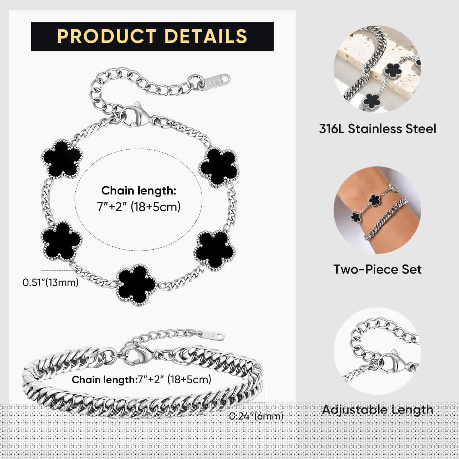 VNOX 2 PCS Floral Bracelets for Men Women -Womens Mens Stainless Steel Gold Cuban Chain Link Bracelet Lucky Charm Four Clover Flower Bracelets Trendy Jewelry Gifts