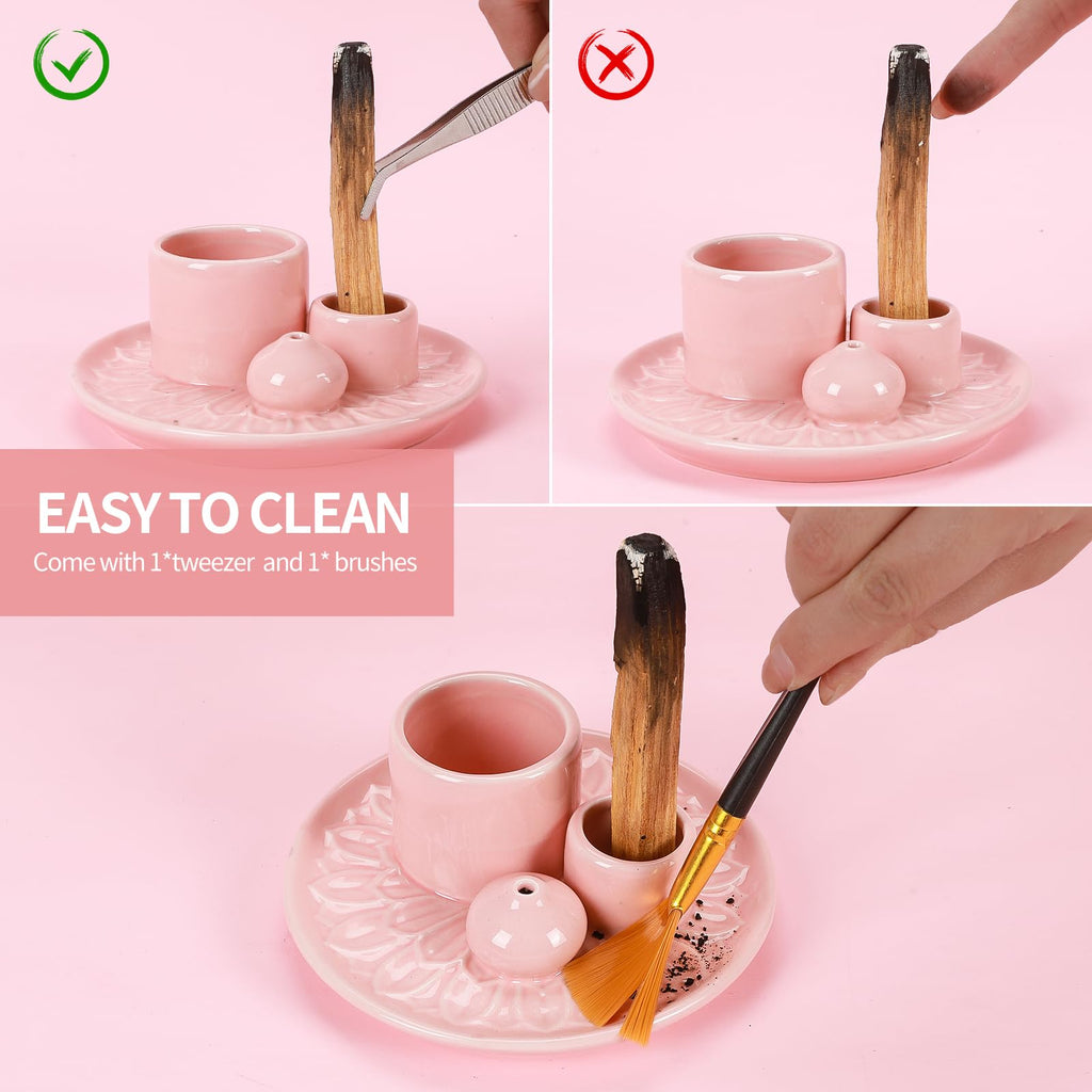 Handmade Ceramic Incense Burner for Palo Santo Incense Sticks, 4 in 1 Multi-Purpose Sage Holder for Burning, Ash Catcher Tray for Meditation Yoga Room (Golden)