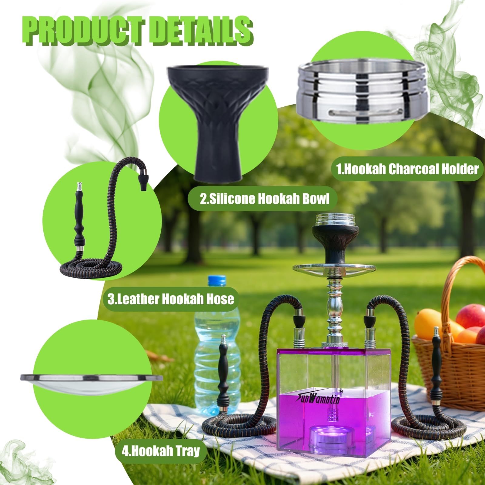 2 Hose Large Cloud Production Acrylic Hookah Set with Everything, Travel Kit with LED Hookah Machine for Shisha Smoking Experience（Black）