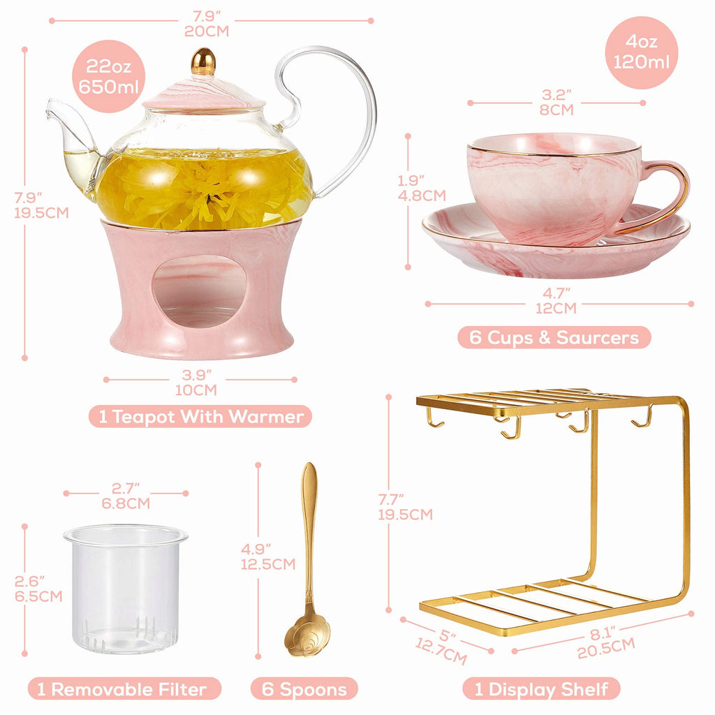 DUJUST 21 pcs Small Tea Set of 6, Pink Marble Set, Handcraft Golden Trim, Porcelain Tea Pot Set for Kids&Adults, 1 Glass Teapot(22oz), 6 Cups(4oz), 6 Saucers, 6 Spoons, 1 Shelf&1 Warmer