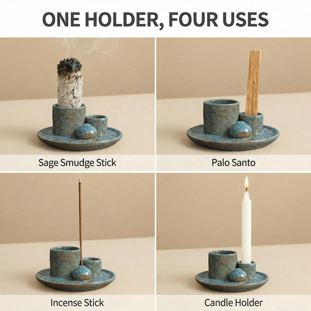 Handmade Ceramic Incense Burner for Palo Santo Incense Sticks, 4 in 1 Multi-Purpose Sage Holder for Burning, Ash Catcher Tray for Meditation Yoga Room (Golden)