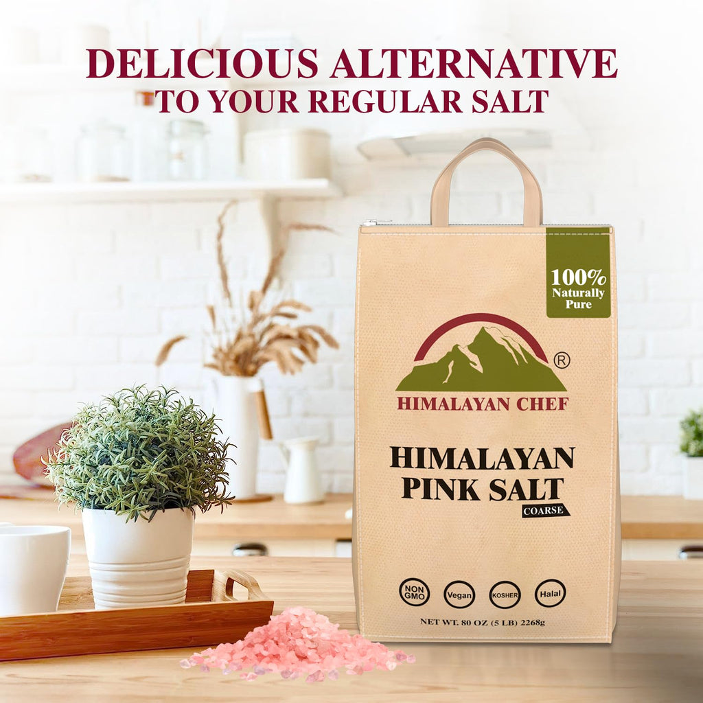 Himalayan Chef Pink Himalayan Salt Coarse Grain, 5 lbs Plastic Jar - Pure, Natural, Kosher, Mineral-Rich, Ideal for Grinder Refills, Cooking, Seasoning