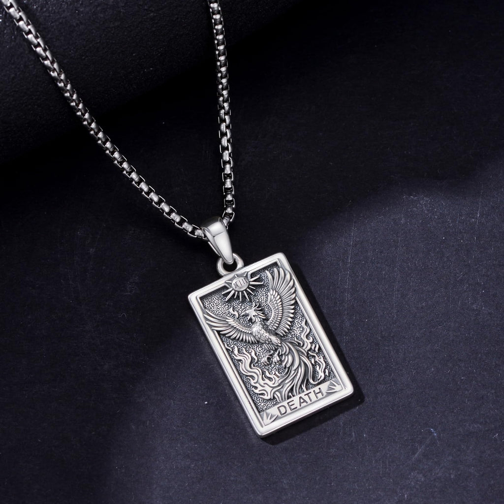 PELOVNY Phoenix Necklace 925 Sterling Silver Shield/Sword/Crystal/Tarot Card/Dog Tag/Cross/Abalone/Axe Pendant Rising Bird Jewelry for Anniversary Birthday Christmas Gifts Men Women