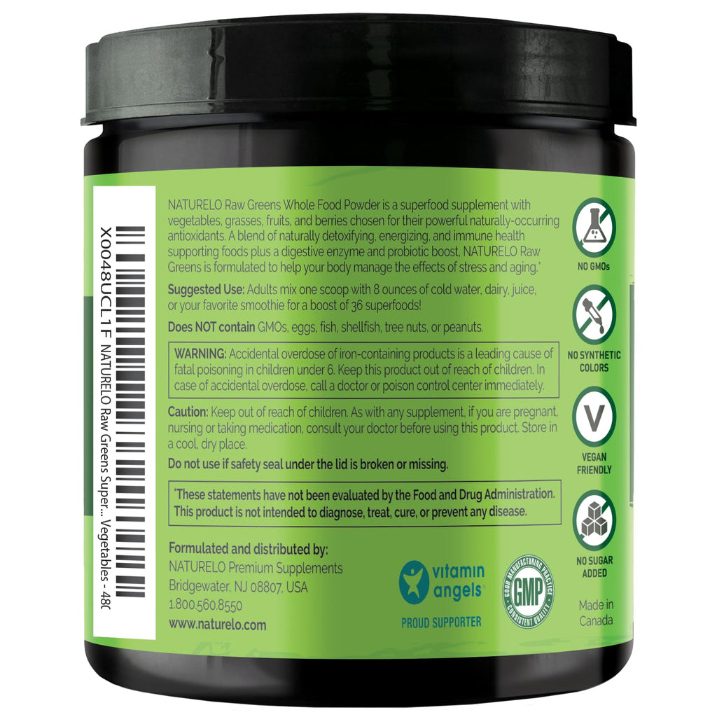 NATURELO Raw Greens Superfood Powder - Unsweetened - Boost Energy, Detox, Enhance Health - Organic Spirulina - Wheat Grass - Whole Food Nutrition from Fruits & Vegetables - 240 Grams