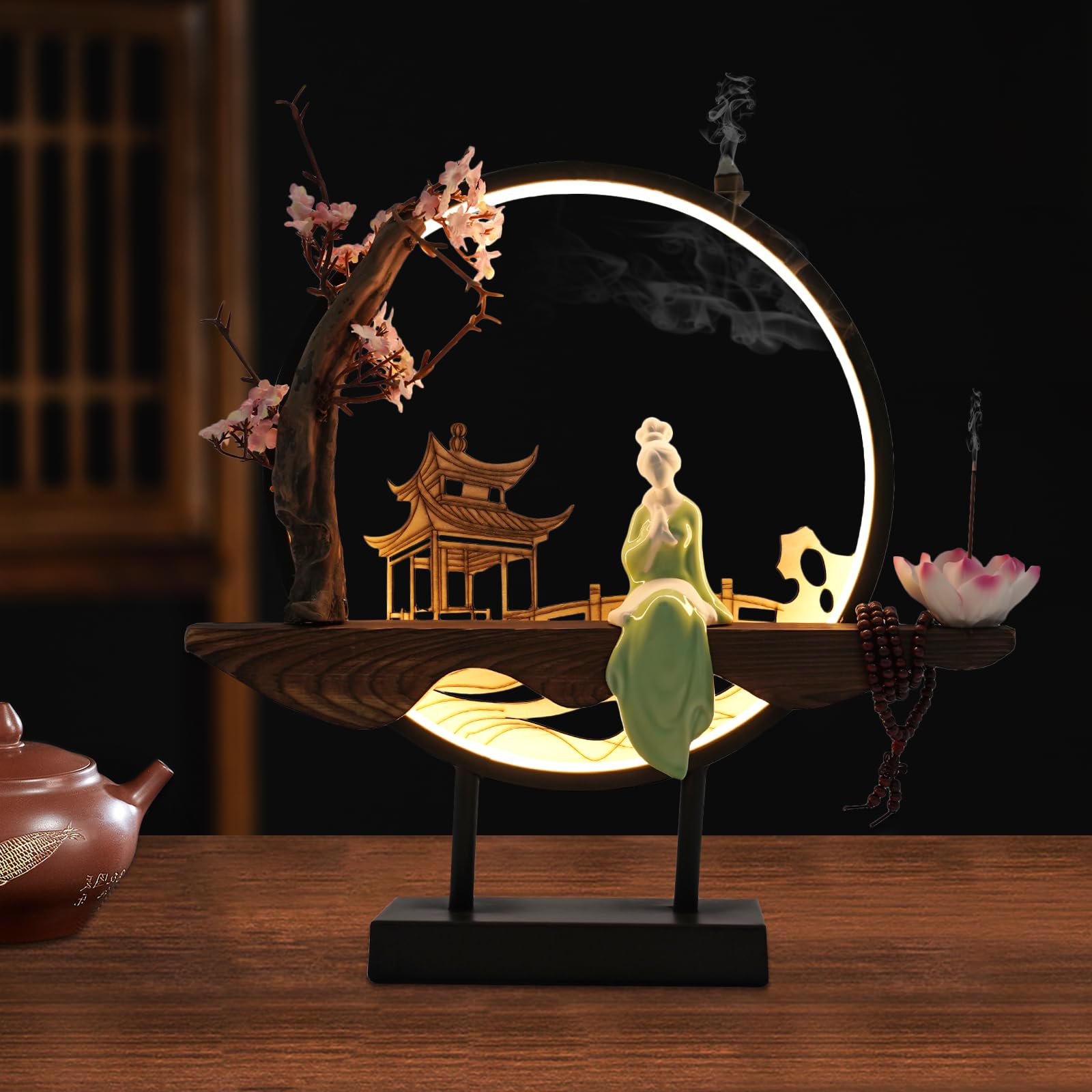 Backflow Incense Holder, Ceramic Incense Burner with Adjustable LED Light, Chinese Style Ornament Incense Holders with Backflow for Relaxing and Home Decor