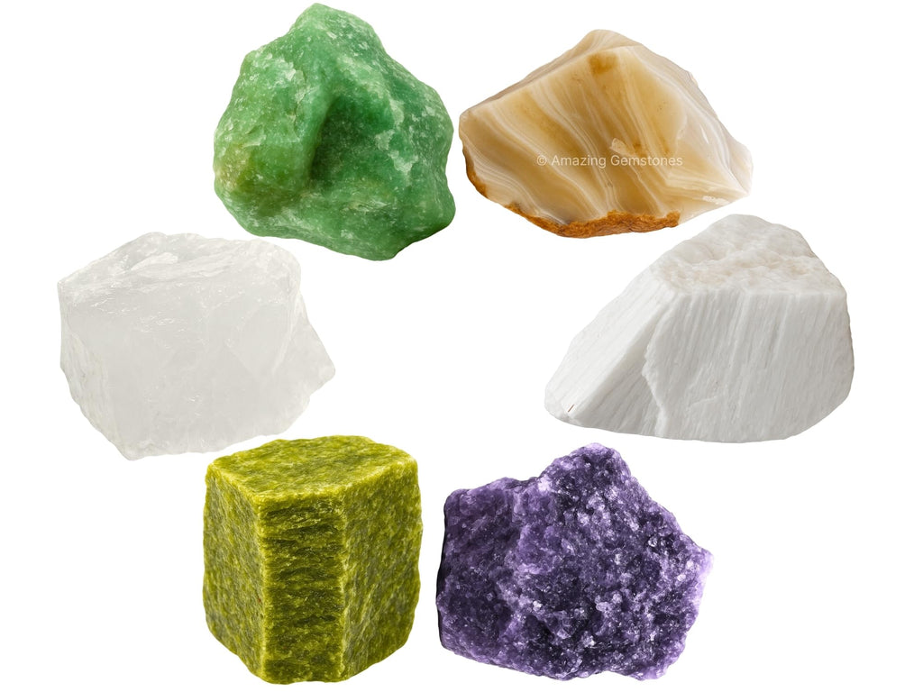 Amazing Gemstone Crystals for House Protection Manifestation, Set of 6 Amethyst, Scolecite, Shungite, Black Tourmaline, Selenite and Moss Agate Healing Crystals and Stones