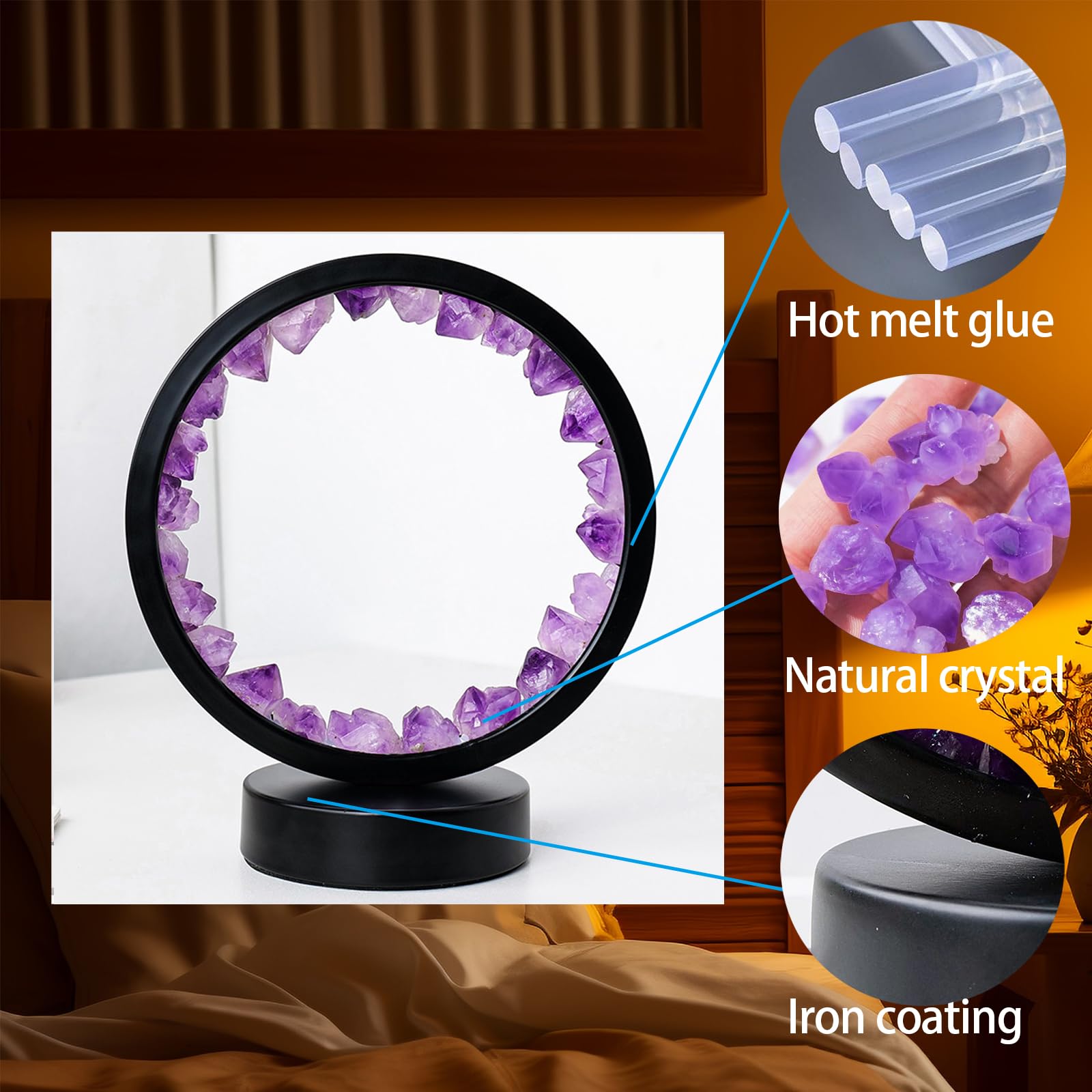 Runyangshi Amethyst Night Lamp 8.6" Natural Healing Crystal Bedside Lamp USB Port 3 Colours Dimming Mode Bedroom Lamp Suitable Night Light for Living Room Bedroom Office Home Decor Ideal Gift