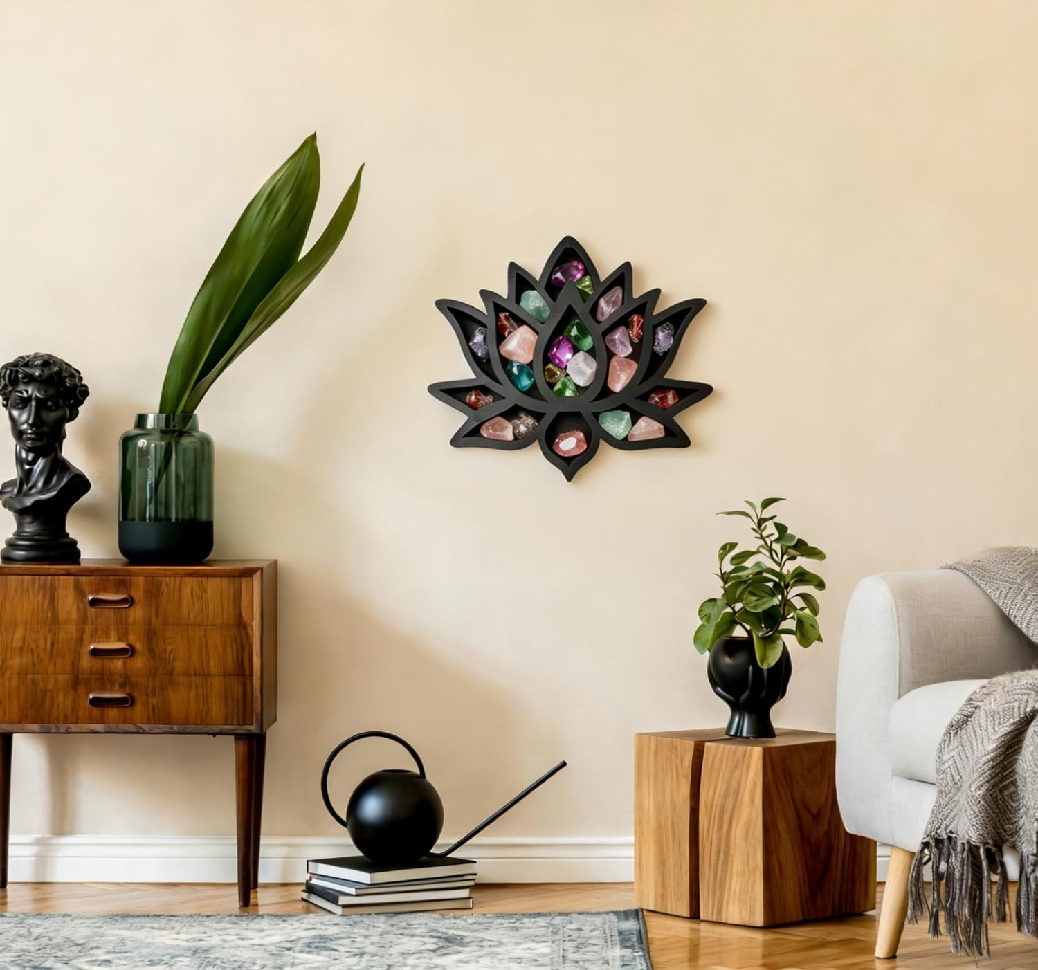 Wooden Crystal Display Shelf Lotus Floating Shelf Gothic Rustic Boho Style Wall Art Decor,Display Shelf Suitable for Crystals, Essential Oils, Rocks, and Collectibles 11.8x9.64x0.9 Inches
