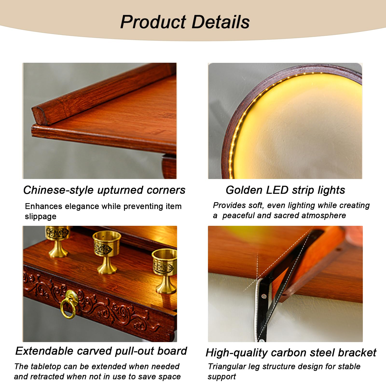 Wall-Mounted Buddha Statue Stand with LED, Small Buddhist Shrine Altar Table, Retractable Bamboo Prayer Offering Table for Living Room (Rosewood Color, 60cm/23.6in)