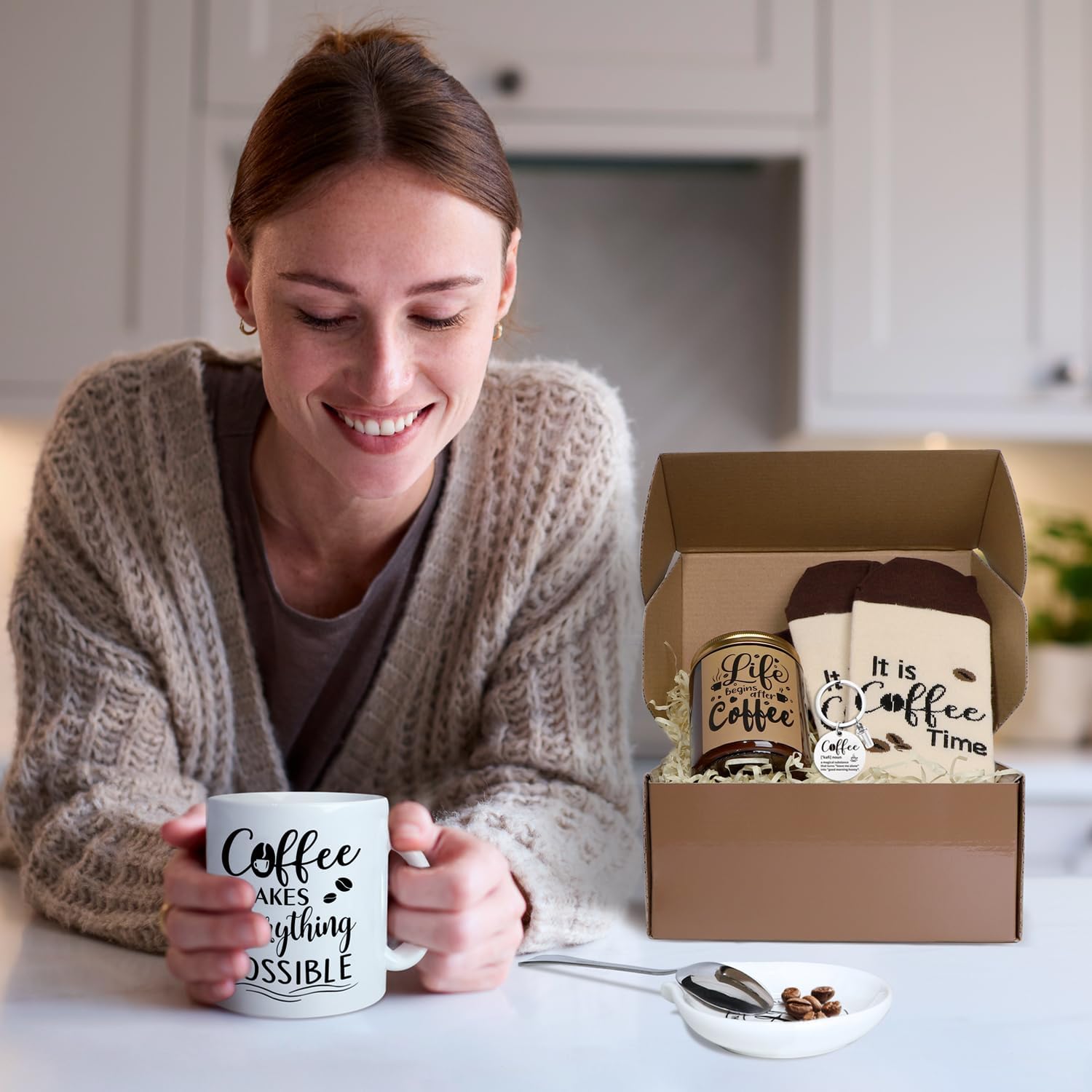 iAOVUEBY Coffee Gifts, 6PCS Coffee Gift Basket, Coffee Lover Gift Set Includes Coffee Mug Spoon Rest Holder Coffee Socks Keychain, Birthday Christmas Gift for Women Men Coffee Lover Friends