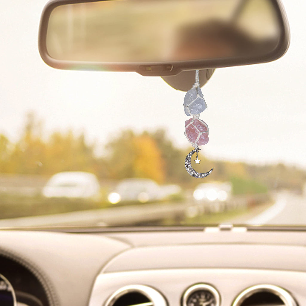BOHO GARDEN Crystal Hanging Car Charm - Purple Rear View Mirror Hanging Car Accessories for Women, Moon Decor Hanging Ornament, Witchy Gifts and Healing Stones - Rose Quartz & Amethyst