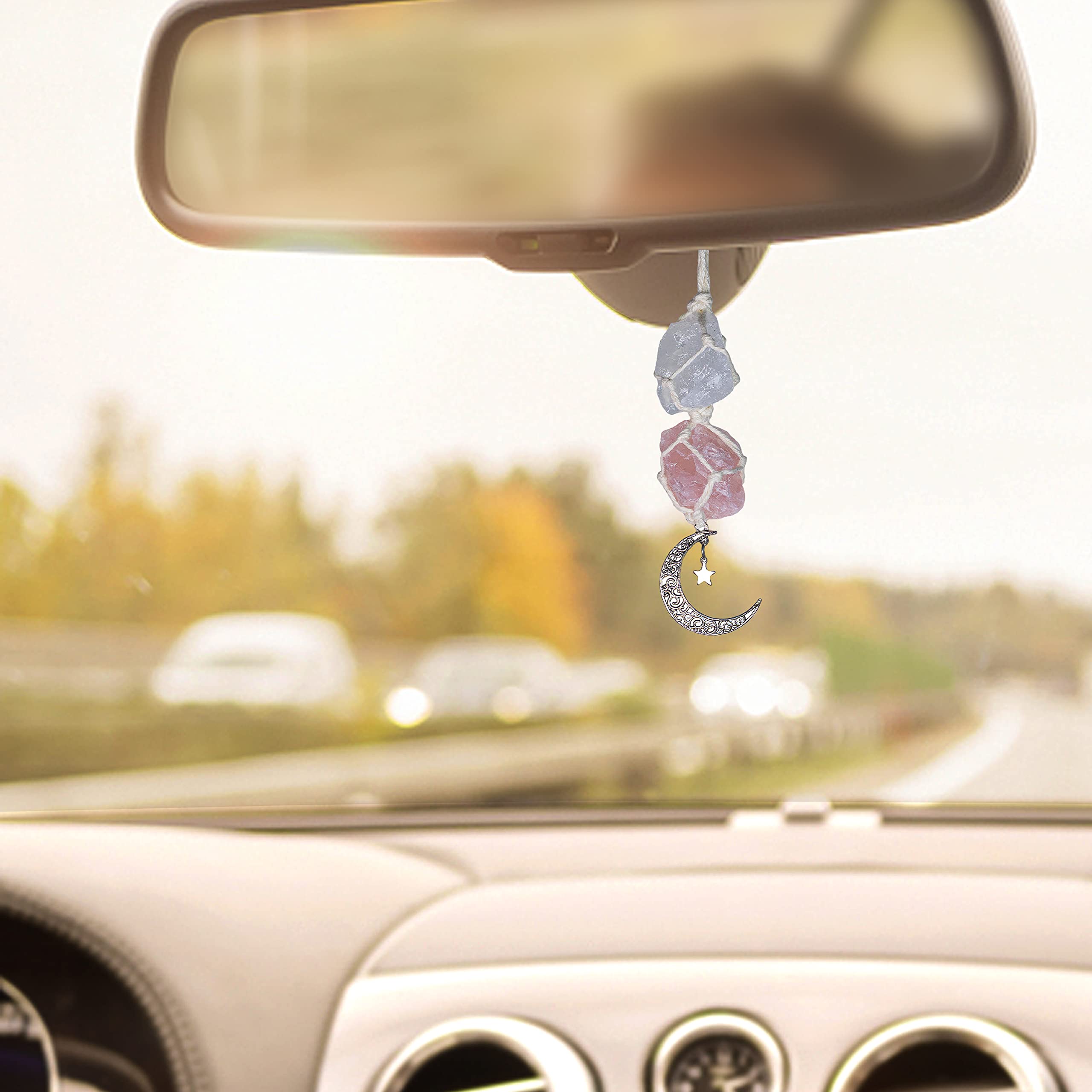 BOHO GARDEN Crystal Hanging Car Charm - Purple Rear View Mirror Hanging Car Accessories for Women, Moon Decor Hanging Ornament, Witchy Gifts and Healing Stones - Rose Quartz & Amethyst