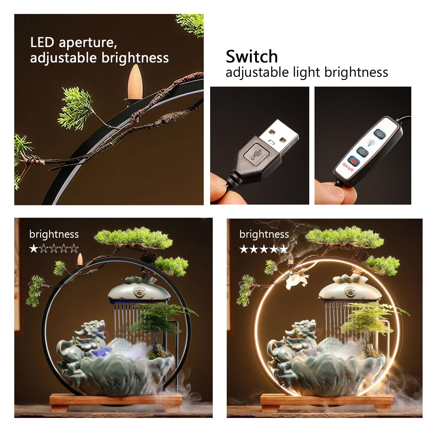 Waterfall Fountain Indoor with Mist, Tabletop Water Fountain,Desk Chinese Ceramic Pixiu Statue with LED Light Ring and Backflow Incense Burner Holder