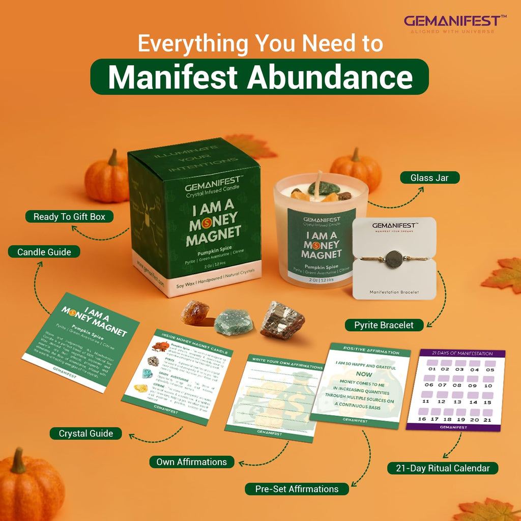 Money Manifestation Candle with Pyrite Bracelet for Wealth Prosperity and Success Pumpkin Spice Soy Candles for Office Home Scented Prosperity Crystal Candle Gifts for Men Women