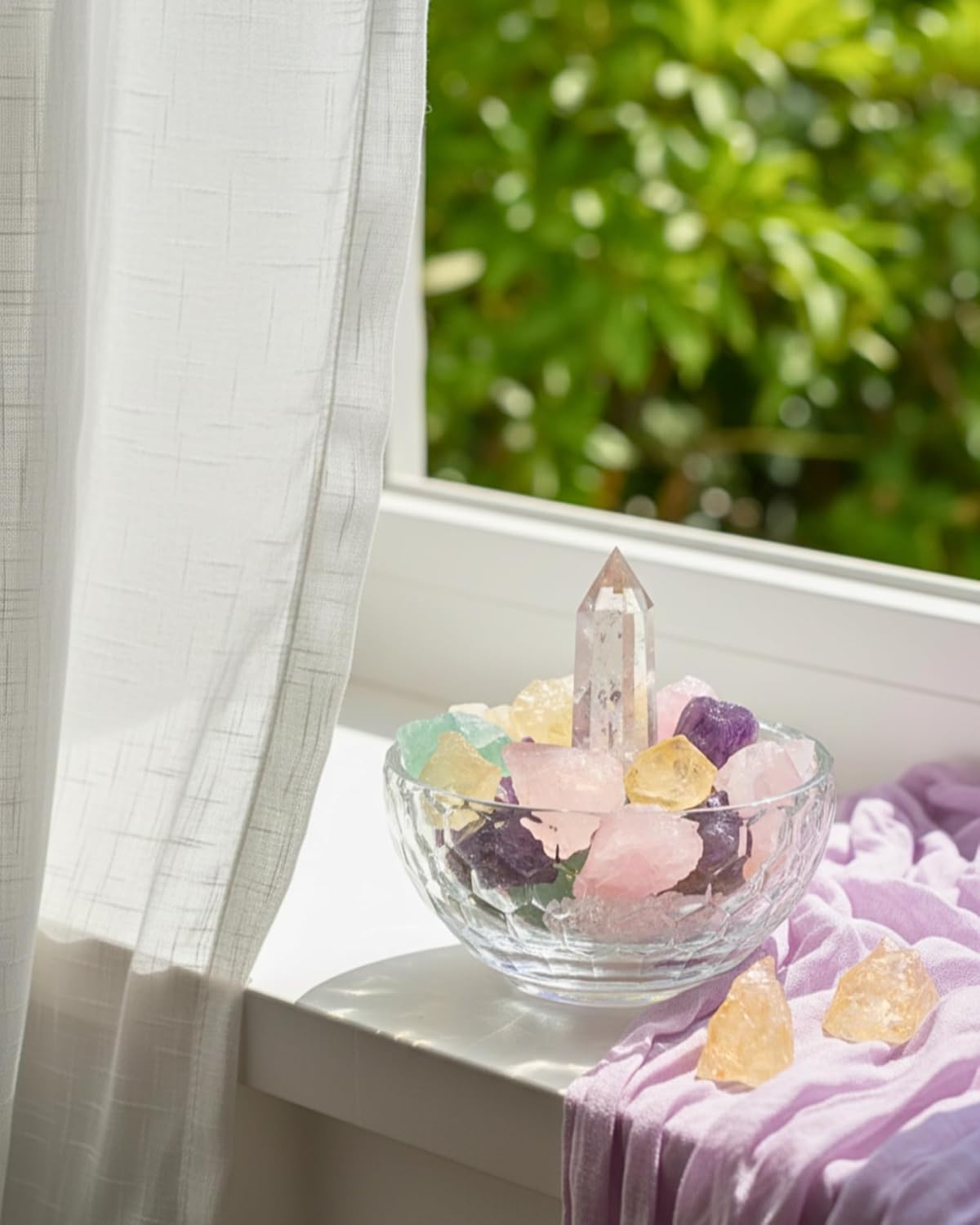 Crystal Decor Bowl Set – 4" Glass Cleansing Bowl with Real Healing Crystals: Clear Quartz Tower, Amethyst, Rose Quartz, Citrine & Fluorite – Meditation Decor & Spiritual Gift Box