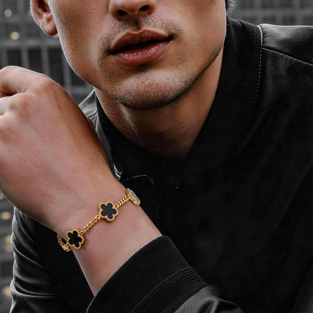 VNOX 2 PCS Floral Bracelets for Men Women -Womens Mens Stainless Steel Gold Cuban Chain Link Bracelet Lucky Charm Four Clover Flower Bracelets Trendy Jewelry Gifts