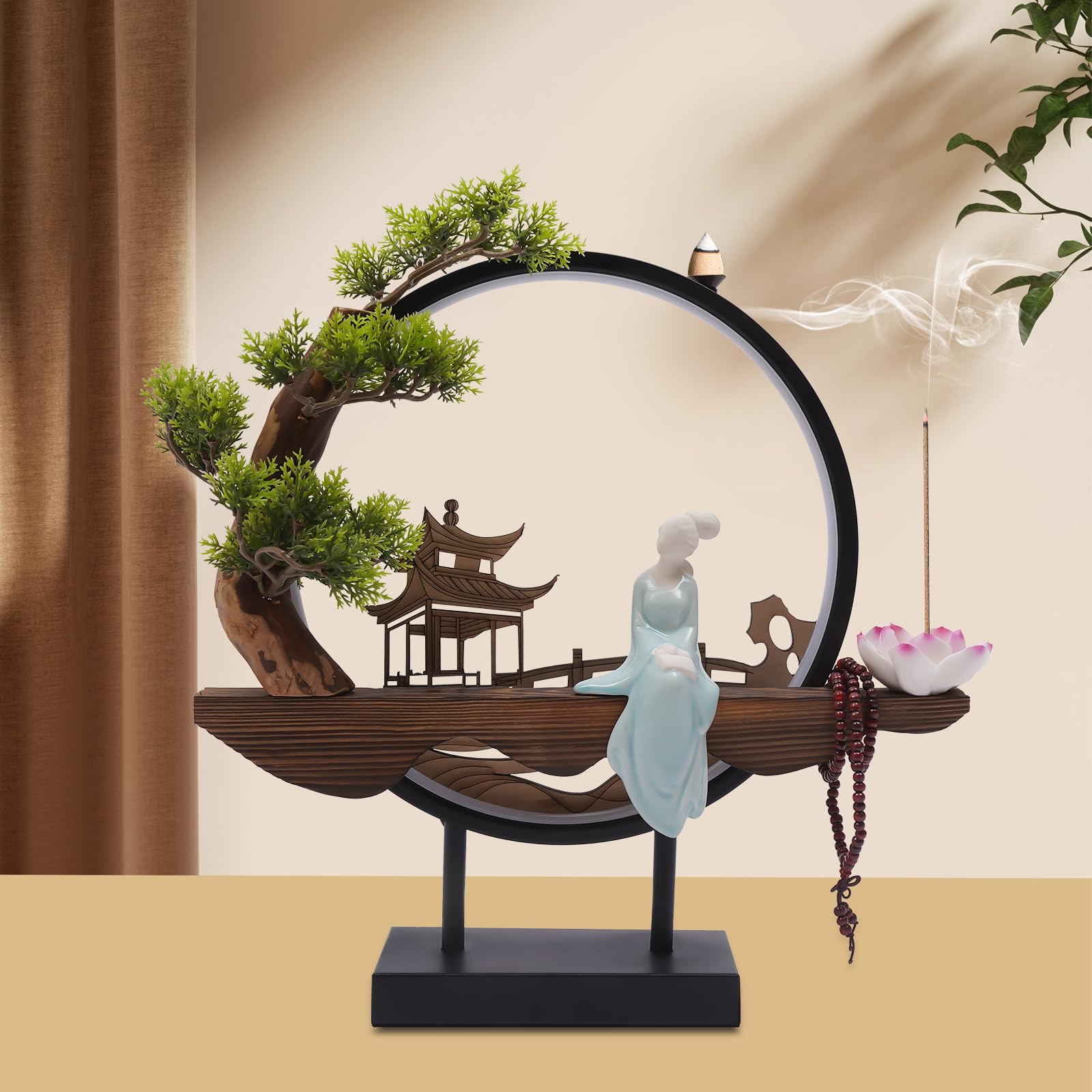 Backflow Incense Holder, Ceramic Incense Burner with Adjustable LED Light, Chinese Style Ornament Incense Holders with Backflow for Relaxing and Home Decor