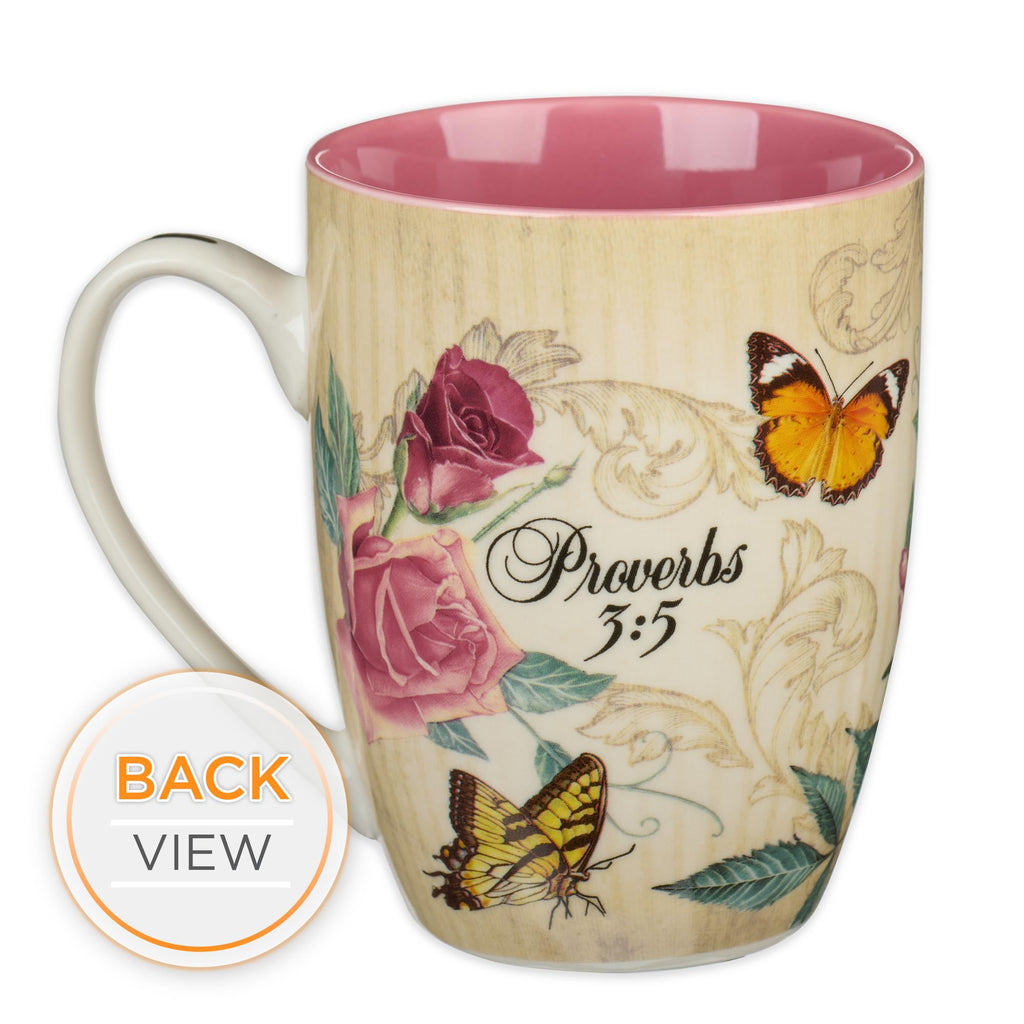 Christian Art Gifts Pink Rose Floral & Yellow Butterfly Ceramic Coffee Mug – 12 oz. Lead-free Inspirational Scripture Coffee and Tea Mug for Women with Bible Verse: Trust in the Lord - Proverbs 3:5