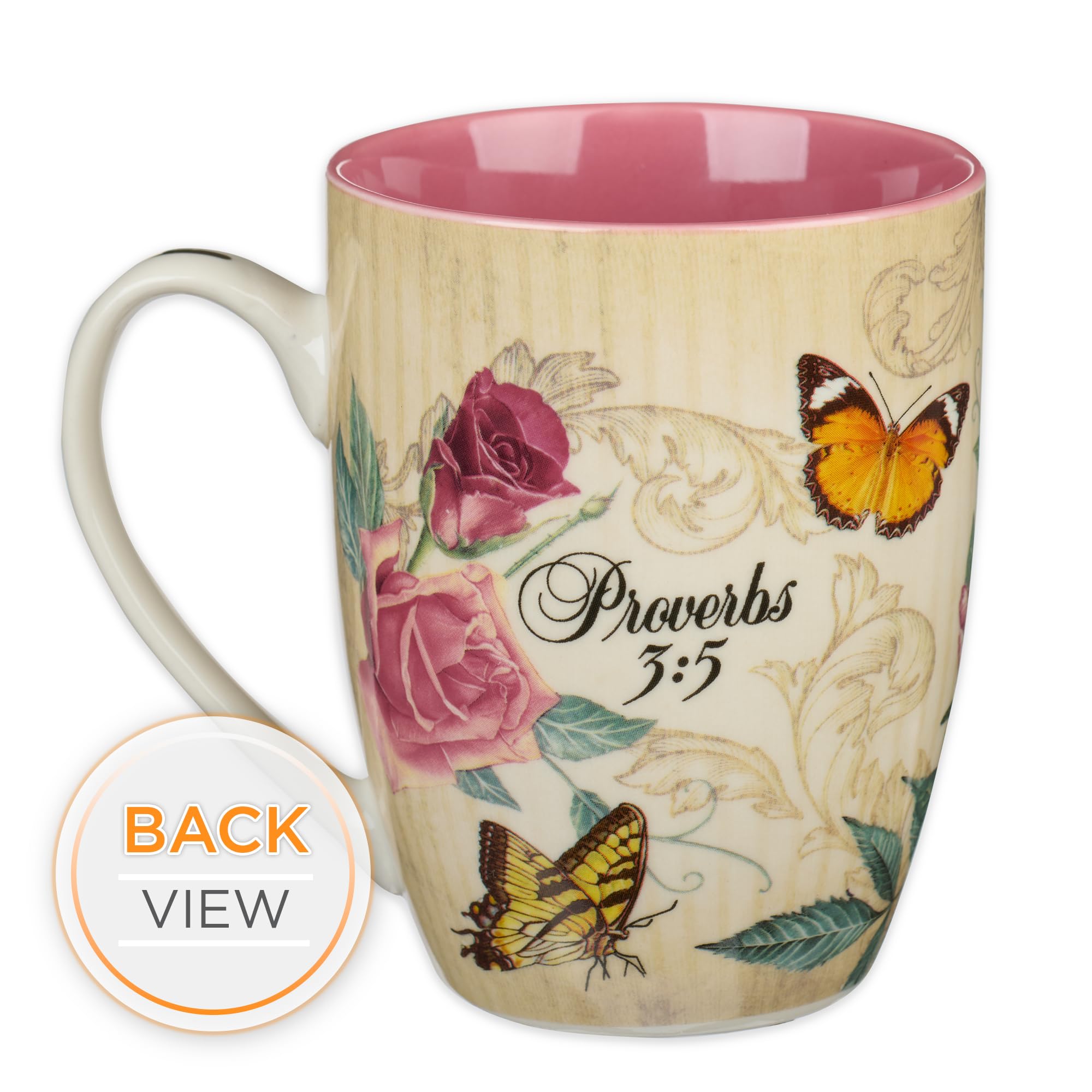 Christian Art Gifts Pink Rose Floral & Yellow Butterfly Ceramic Coffee Mug – 12 oz. Lead-free Inspirational Scripture Coffee and Tea Mug for Women with Bible Verse: Trust in the Lord - Proverbs 3:5