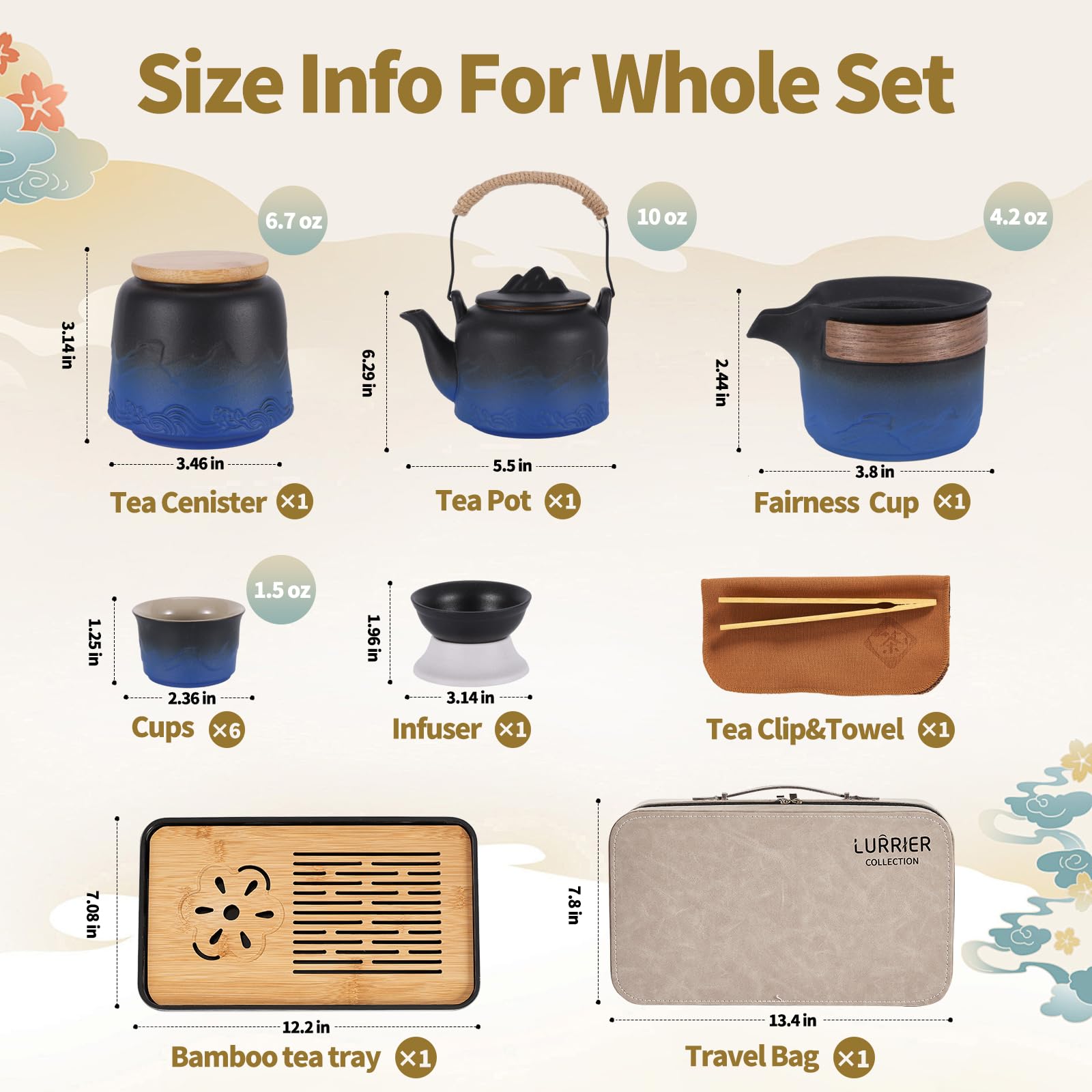 LURRIER Gongfu tea sets, Portable Ceramic TeaSet, Asian Tea sets for adult, Tea Gift sets, Grey leather case, Portable Travel Bag,Home,Gifting,Outdoor and Office(Black)