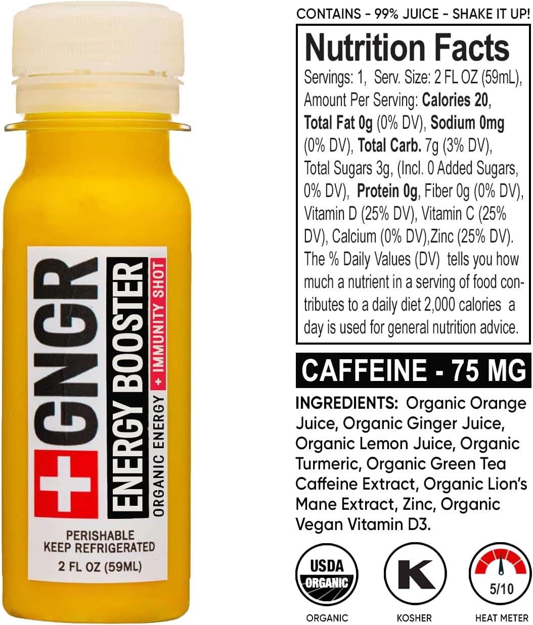 +GNGR Energy Booster – Organic Cold-Pressed Ginger Shot with Turmeric, Green Tea, Orange & Lemon Juice. Natural Energy Shot for Immune and Digestive Support, Nothing Artificial, 2 fl oz (Pack of 12)