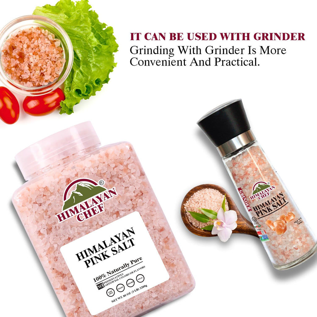 Himalayan Chef Pink Himalayan Salt Coarse Grain, 5 lbs Plastic Jar - Pure, Natural, Kosher, Mineral-Rich, Ideal for Grinder Refills, Cooking, Seasoning