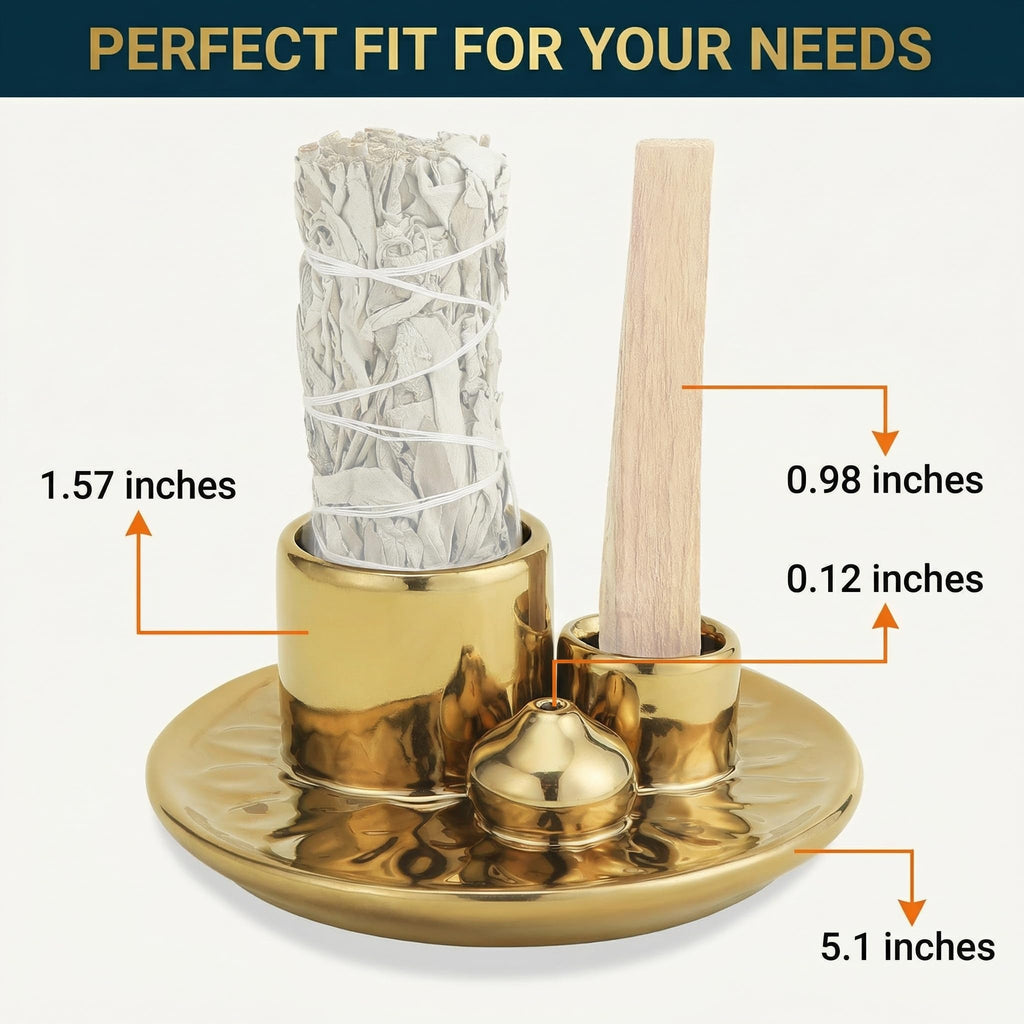 Handmade Ceramic Incense Burner for Palo Santo Incense Sticks, 4 in 1 Multi-Purpose Sage Holder for Burning, Ash Catcher Tray for Meditation Yoga Room (Golden)