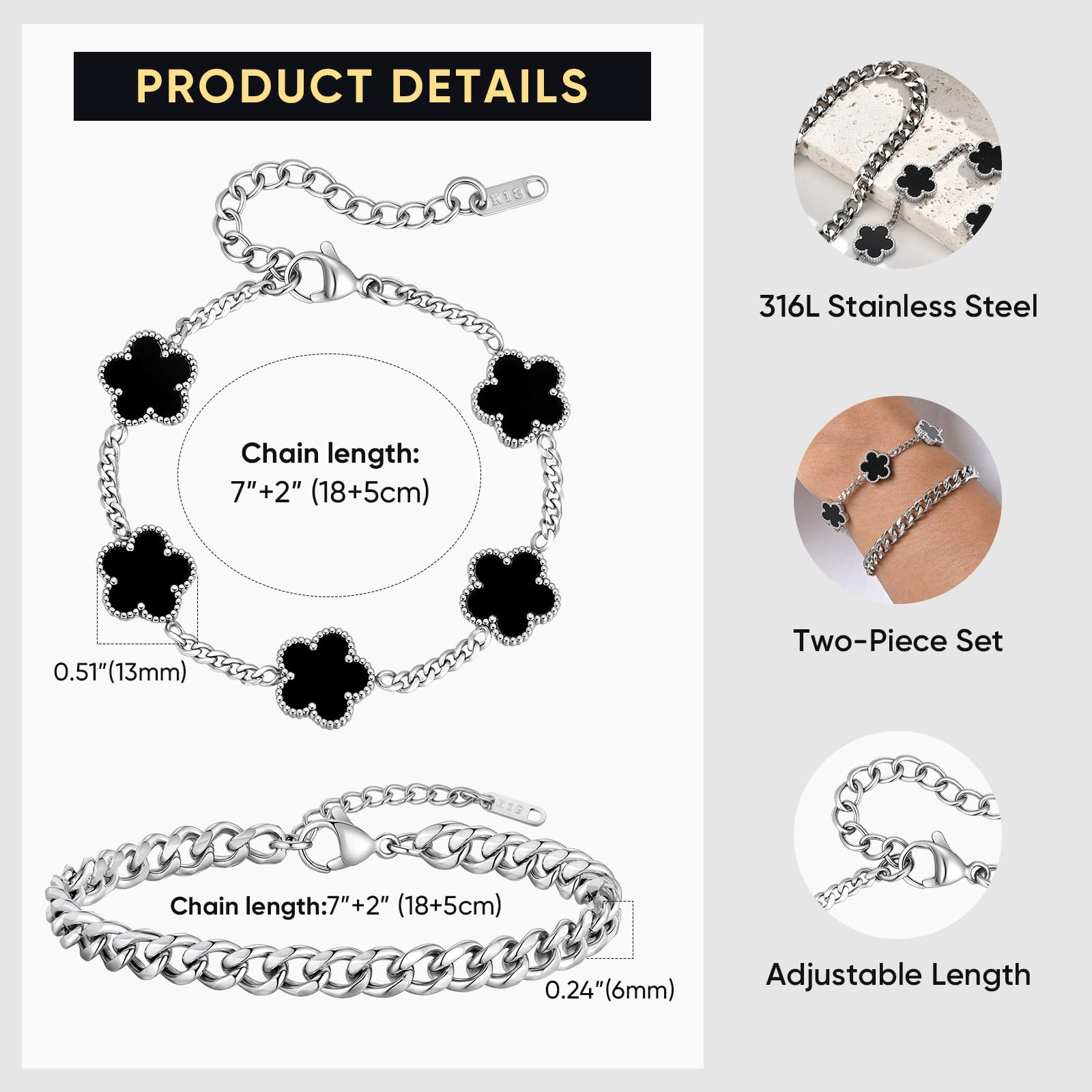 VNOX 2 PCS Floral Bracelets for Men Women -Womens Mens Stainless Steel Gold Cuban Chain Link Bracelet Lucky Charm Four Clover Flower Bracelets Trendy Jewelry Gifts