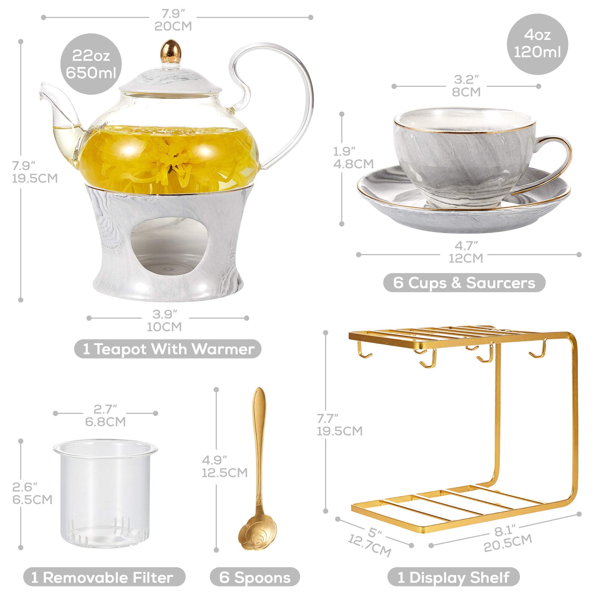 DUJUST 21 pcs Small Tea Set of 6, Pink Marble Set, Handcraft Golden Trim, Porcelain Tea Pot Set for Kids&Adults, 1 Glass Teapot(22oz), 6 Cups(4oz), 6 Saucers, 6 Spoons, 1 Shelf&1 Warmer