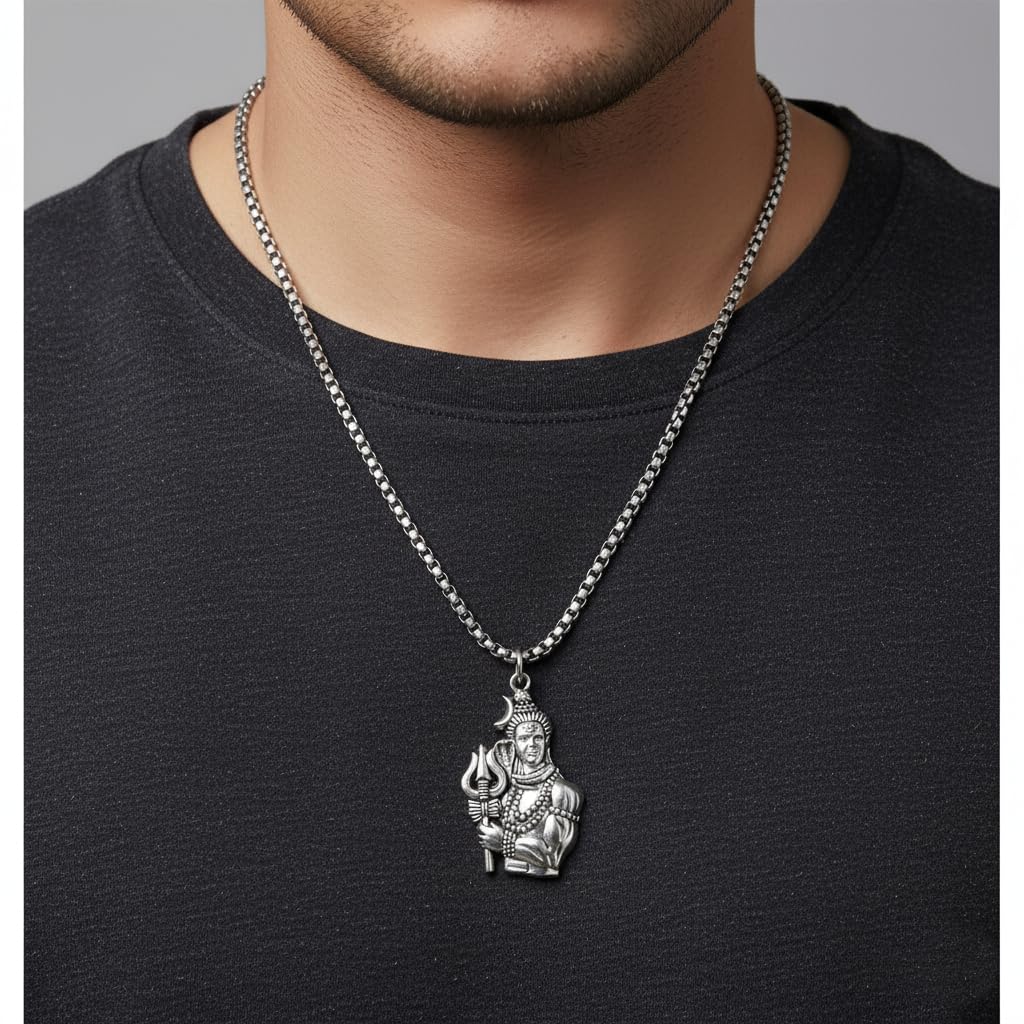Stainless Steel Shiva's Trishul Damaru Pendant with Chain for Men, Anti-Tarnish Mahadev Mahakal Bholenath Necklace for Men & Women - Oxidized Silver Finish