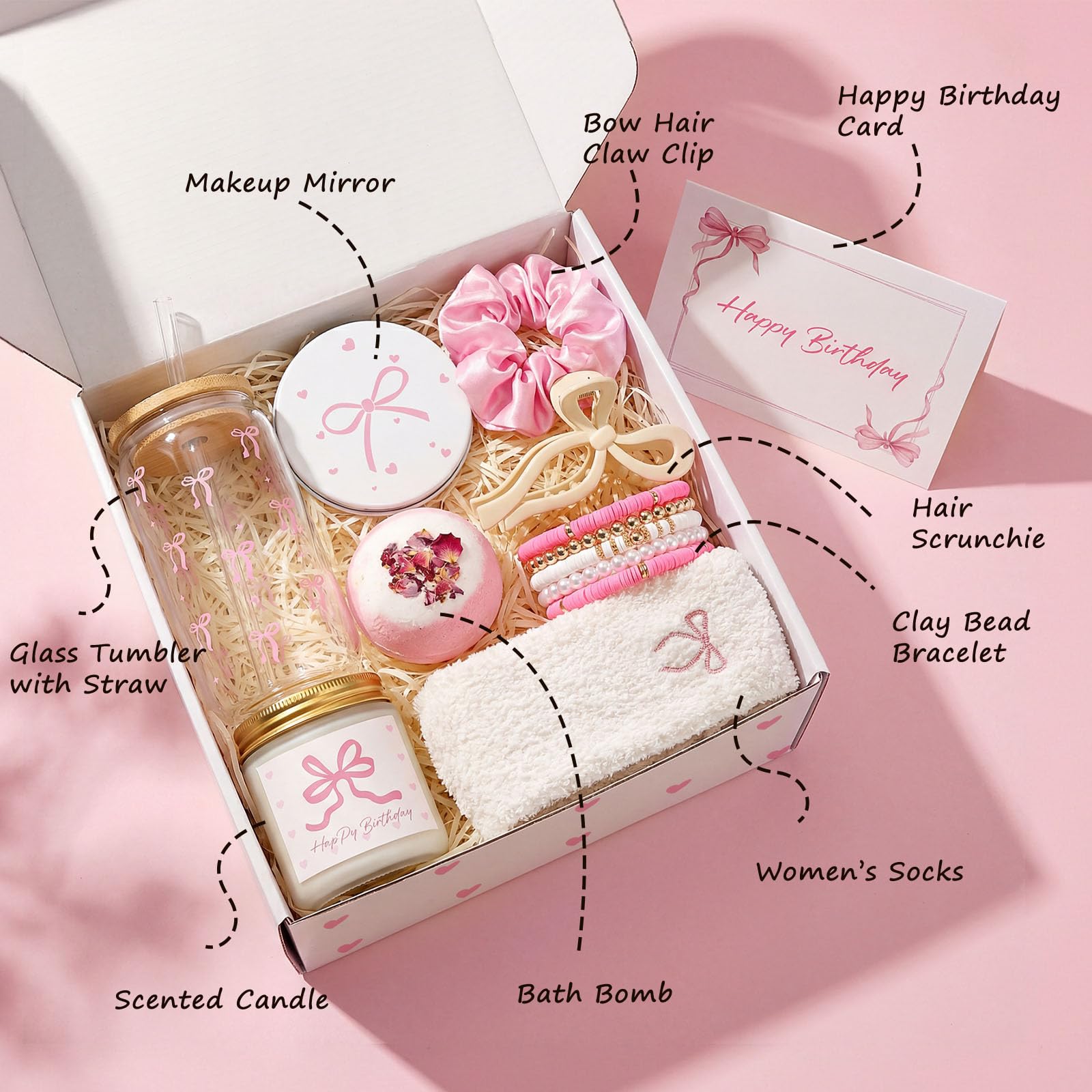 Elegant Birthday Gifts for Women, Black Bow Unique Birthday Relaxing Gifts Box with Scented Candles, Greeting Card & Home-Spa Relaxation, Birthdays Presents for Her, Best Friend, Sister, Wife