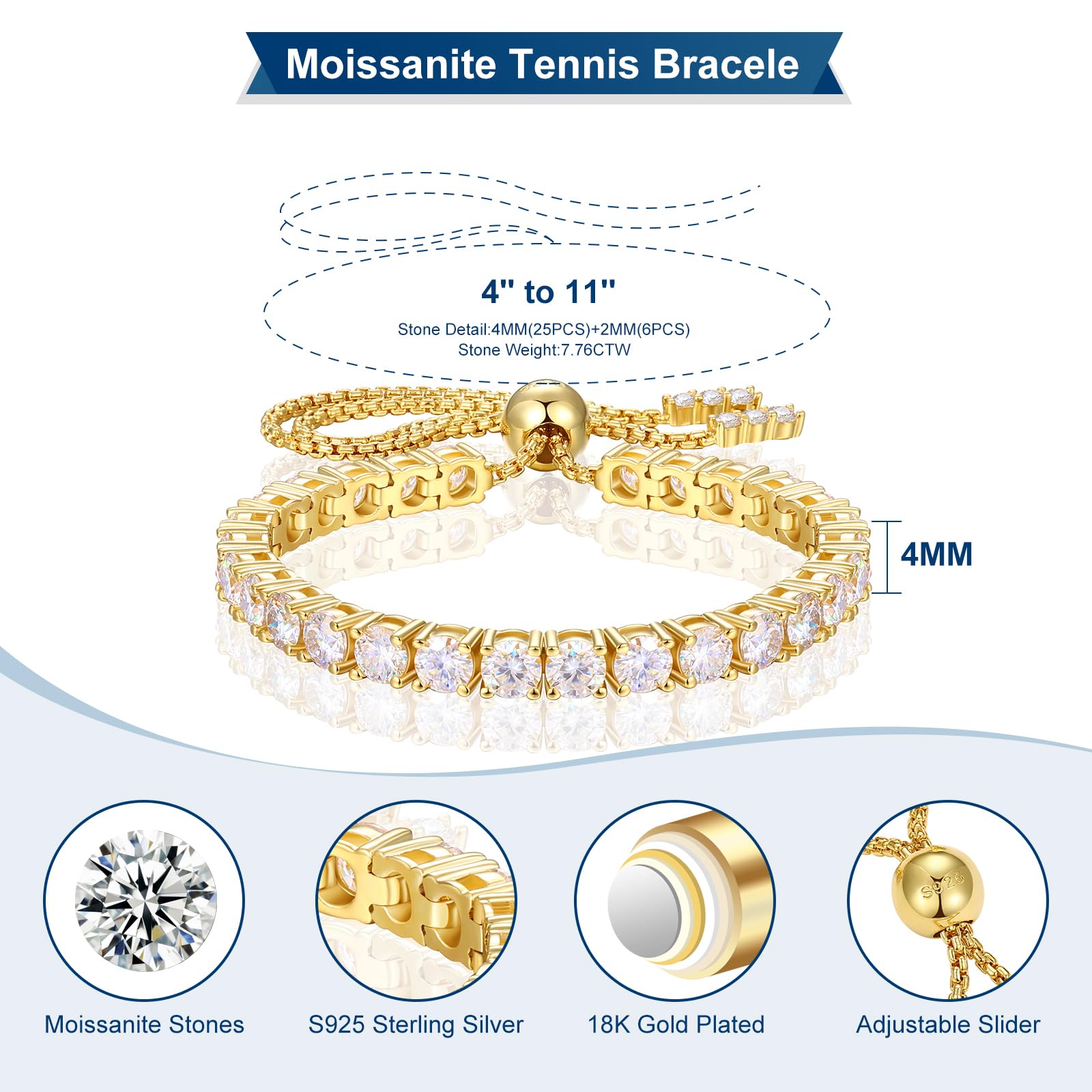 Moissanite Tennis Bracelet 1.79ct-8.69ct Adjustable Bracelet for Women 18K White Gold Plated S925 Sterling Silver Tennis Bracelet D Color VVS1 Round Cut 2/3/4mm Moissanite Bracelet Gifts for Wife/Mom