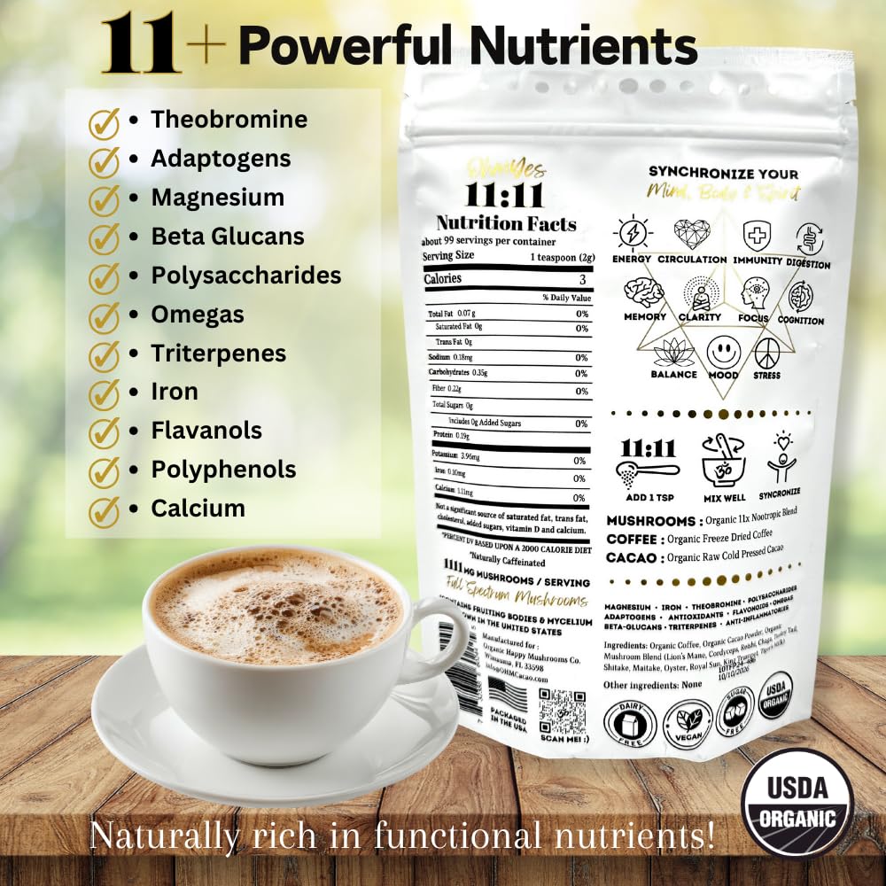 OhmYes Mocha Mushroom Coffee with Pure Cacao | Organic 11 Mushroom Adaptogen Blend (Lions Mane, Reishi, Chaga, Cordyceps) | Premium Chocolate Dark Roast Instant Coffee | Unsweetened | 7oz