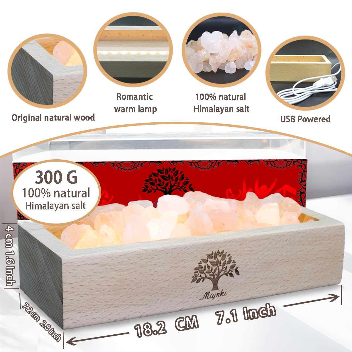 Himalayan Salt Lamp Diffuser - 300g Pink Salt with Wood Base, USB Powered, Warm Light for Aromatherapy, Relaxation, Meditation, Home Decor, Gifts