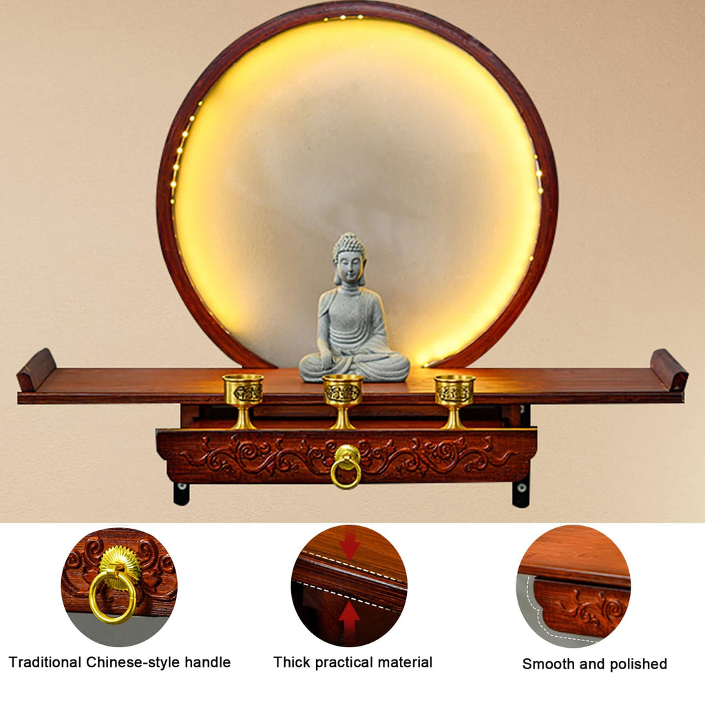 Wall-Mounted Buddha Statue Stand with LED, Small Buddhist Shrine Altar Table, Retractable Bamboo Prayer Offering Table for Living Room (Rosewood Color, 60cm/23.6in)