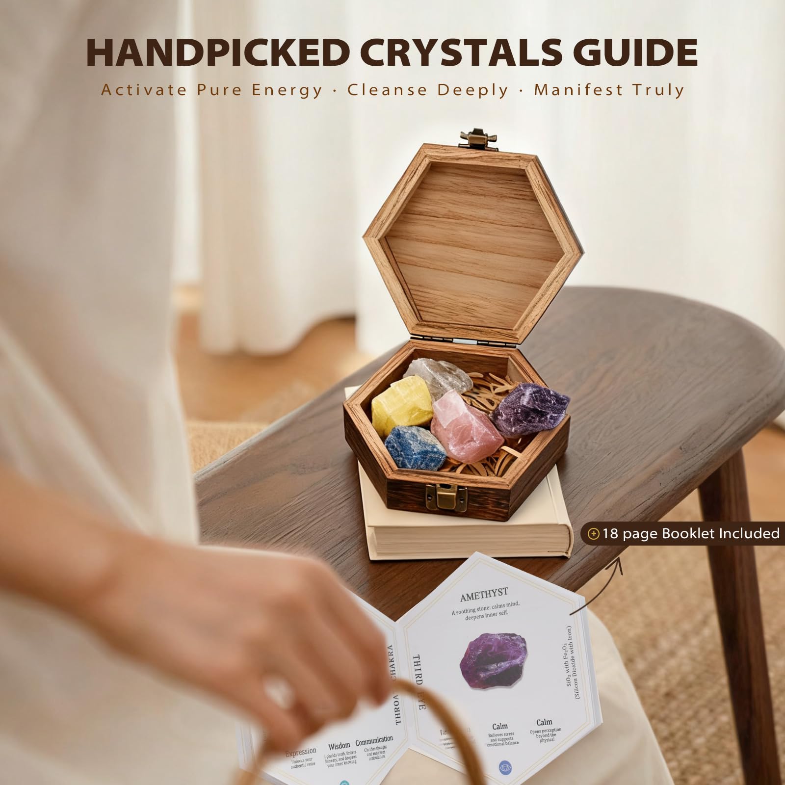 7 Chakra Healing Crystals Set - Large Raw Stones Energy Alignment Kit with Wooden Gift Box & Guidebook