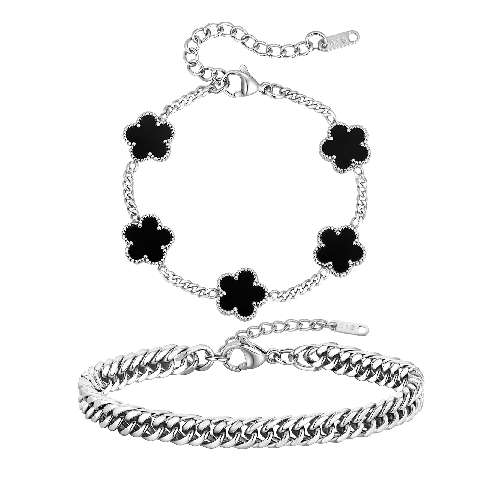 VNOX 2 PCS Floral Bracelets for Men Women -Womens Mens Stainless Steel Gold Cuban Chain Link Bracelet Lucky Charm Four Clover Flower Bracelets Trendy Jewelry Gifts