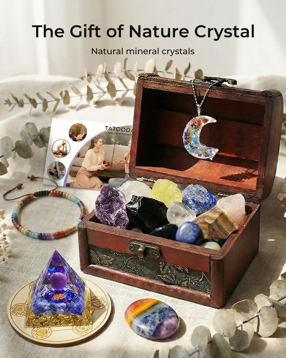 Crystals and Healing Stones, 9 Pcs Healing Crystals Set, 7 Chakra Crystal Stones Set Real Natural Selenite Pyramid Reiki Raw Rock Energy Protection Meditation with Wooden Box, Crystal Gifts for Women