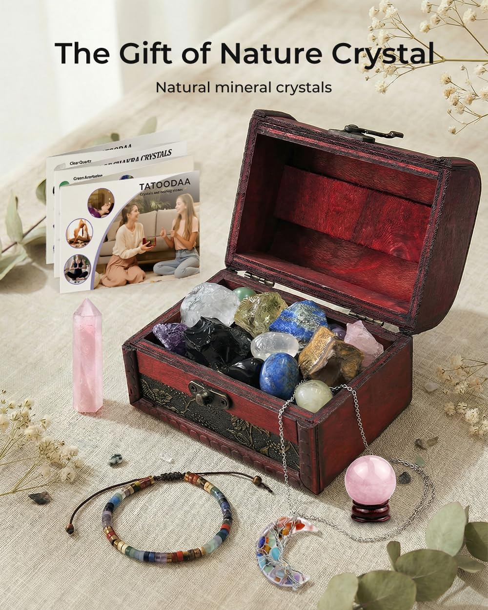 Crystals and Healing Stones, 9 Pcs Healing Crystals Set, 7 Chakra Crystal Stones Set Real Natural Selenite Pyramid Reiki Raw Rock Energy Protection Meditation with Wooden Box, Crystal Gifts for Women