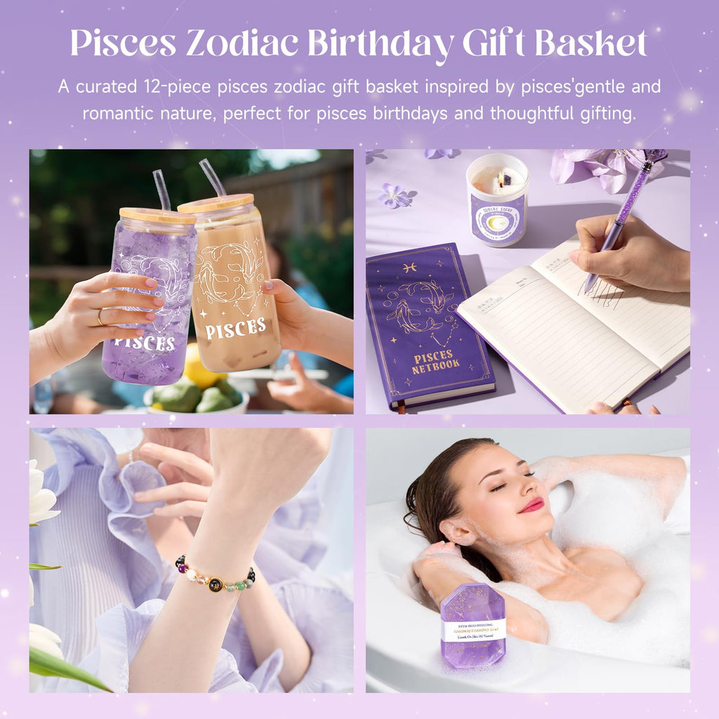 Pisces Birthday Gifts for Women, 12PCS Purple Zodiac Gift Baskets for Women with 16 oz Pisces Glass Cup Candle Mini Jewelry Gift Box, Unique Womens Birthday Gifts for Best Friend, Her, Mom, Sister