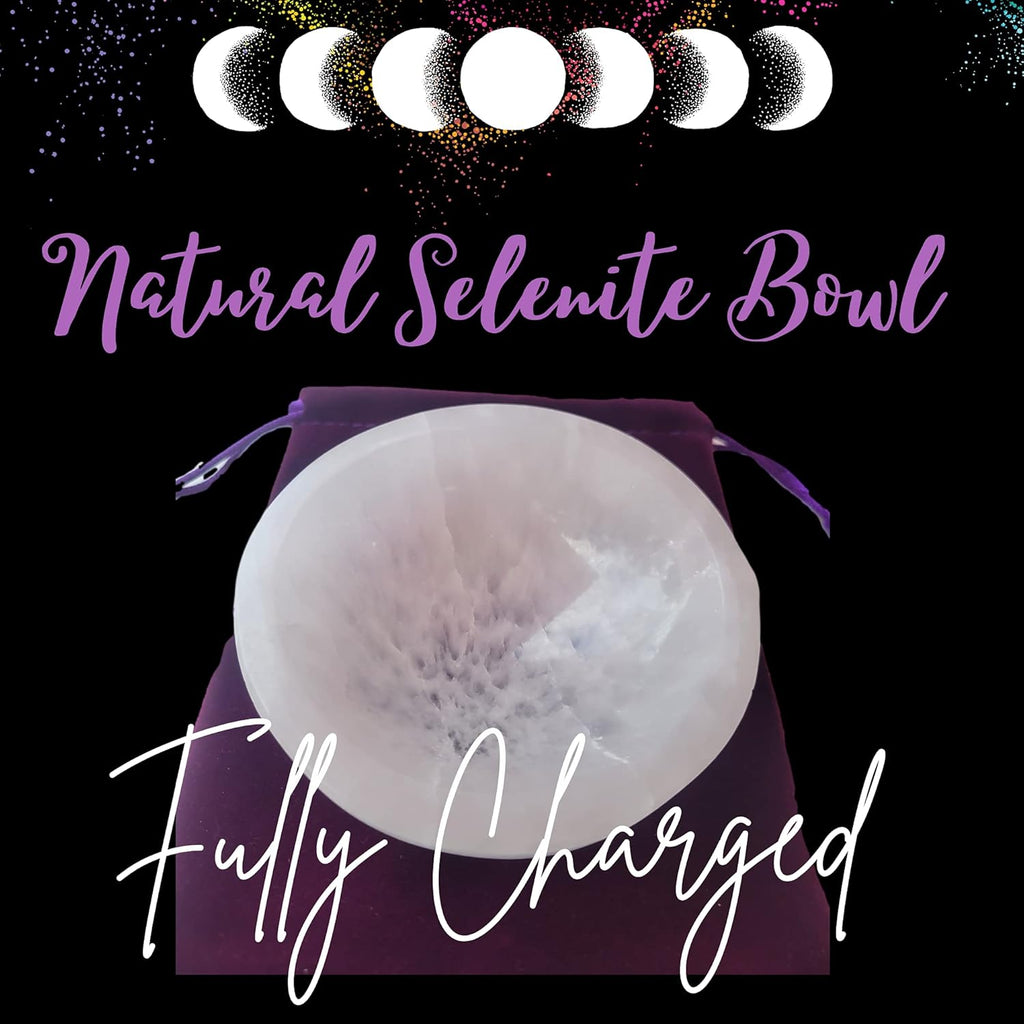 Selenite Charging Bowl & Amethyst Crystal Bracelet Gift Set - Polished Thickly Hand-Carved, Moroccan Crystal Holder to Charge, Cleanse Crystals, Smudging Bowl, Spiritual Gifts Set (Amethyst)