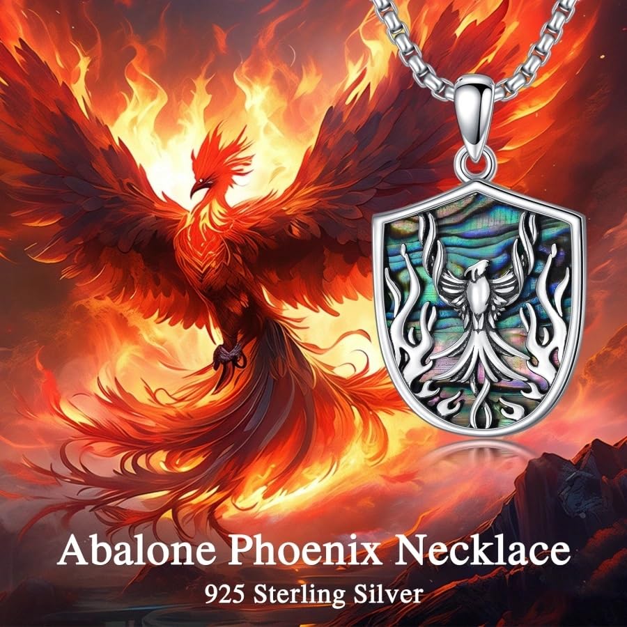 PELOVNY Phoenix Necklace 925 Sterling Silver Shield/Sword/Crystal/Tarot Card/Dog Tag/Cross/Abalone/Axe Pendant Rising Bird Jewelry for Anniversary Birthday Christmas Gifts Men Women