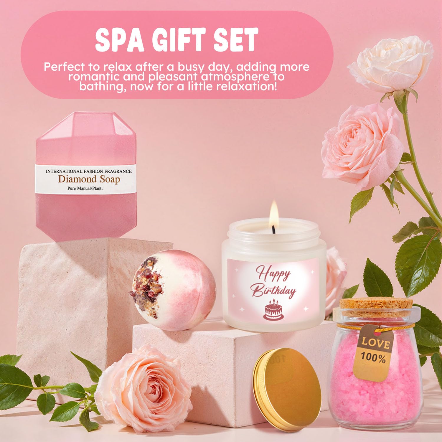 Elegant Birthday Gifts for Women, Black Bow Unique Birthday Relaxing Gifts Box with Scented Candles, Greeting Card & Home-Spa Relaxation, Birthdays Presents for Her, Best Friend, Sister, Wife