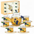 7 Pcs Floral Glass Tea Set for Women 14 oz Butterfly Vintage Teapot Set for Adults Glass Tea Gift for Valentine Spring Party Mother's Day Girlfriend Fancy Pot Cups with Gift Box(Blue)