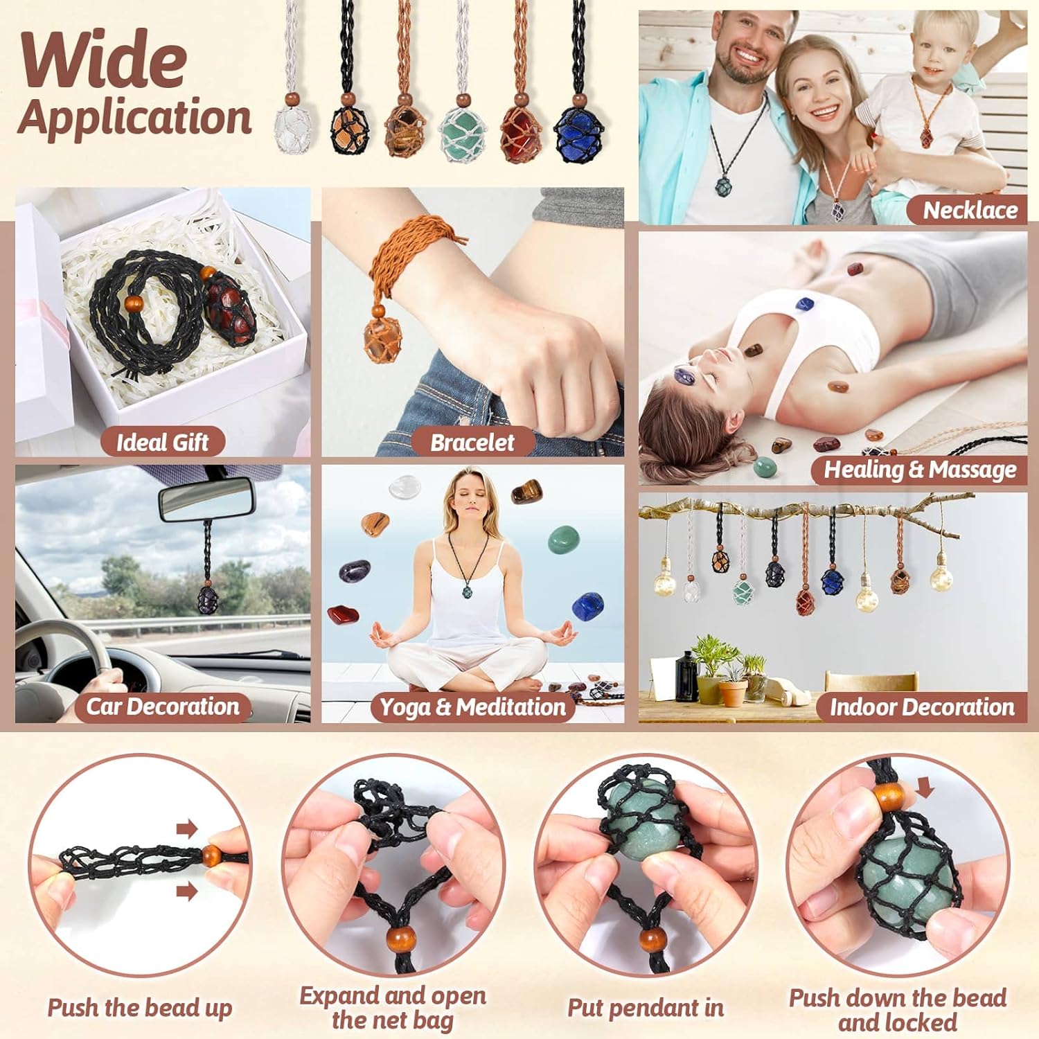 Evatage Crystals Necklace Holders and Healing Stones Set, 6Pcs Adjustable Crystal Cage with 7 Chakra Crystals and Healing Stones for Yoga, Meditation, Jewelry Gift and Home Decor