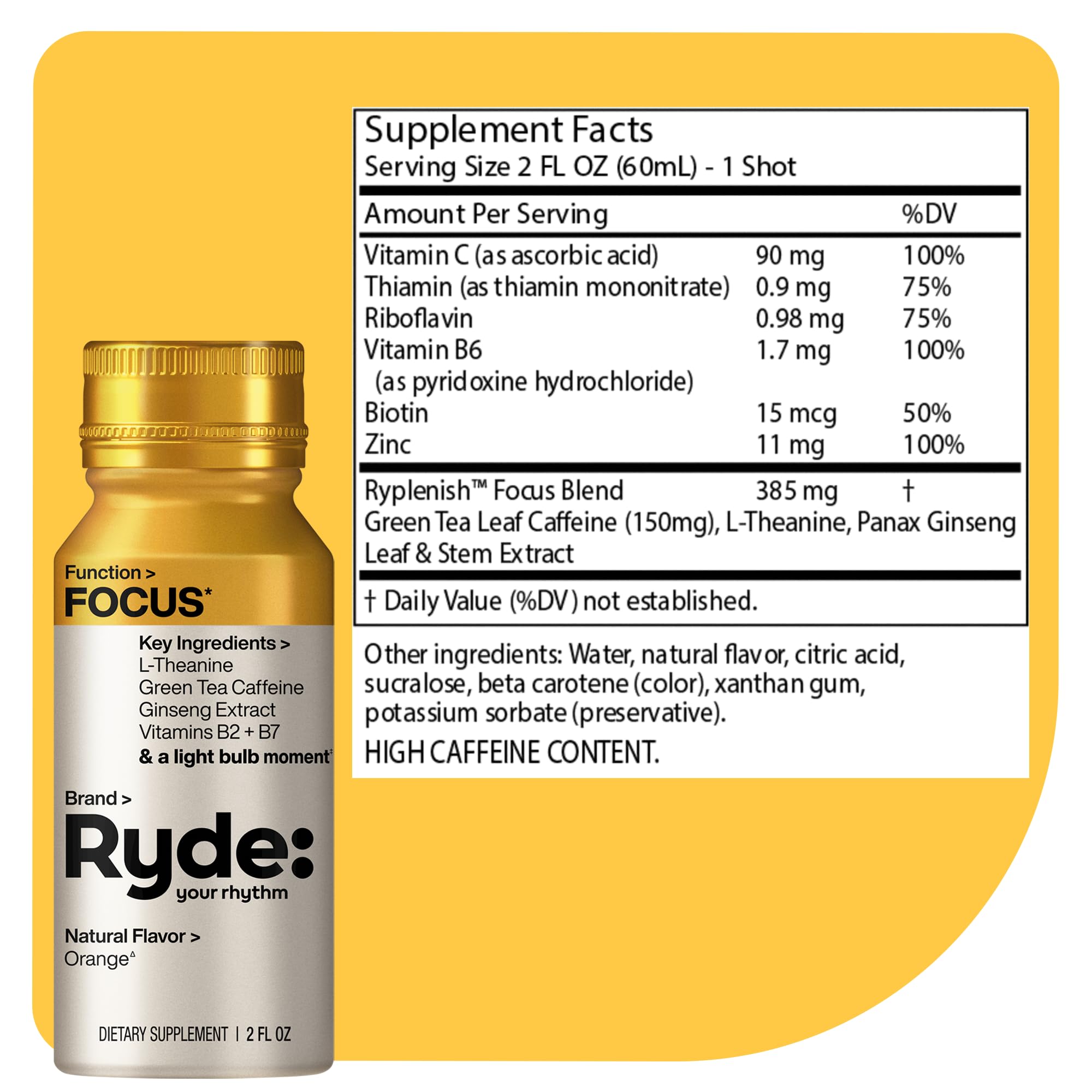 Ryde: Energize Shot | Tropical Flavor | Green Tea Caffeine, Taurine, Ginseng Extract & B Vitamins | 0 Calories, 0 Sugar | 2 FL OZ Shots | Boosts energy* (8 Pack)