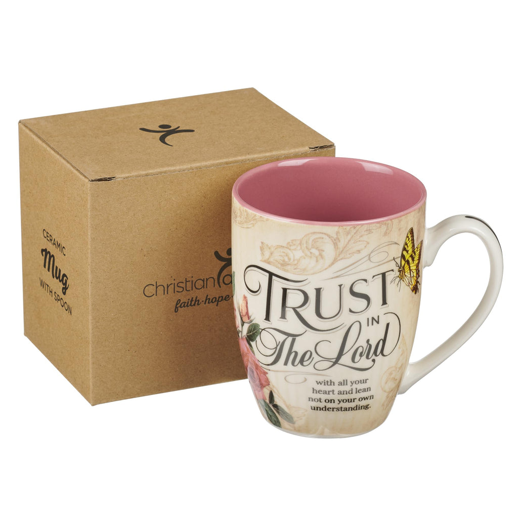 Christian Art Gifts Pink Rose Floral & Yellow Butterfly Ceramic Coffee Mug – 12 oz. Lead-free Inspirational Scripture Coffee and Tea Mug for Women with Bible Verse: Trust in the Lord - Proverbs 3:5
